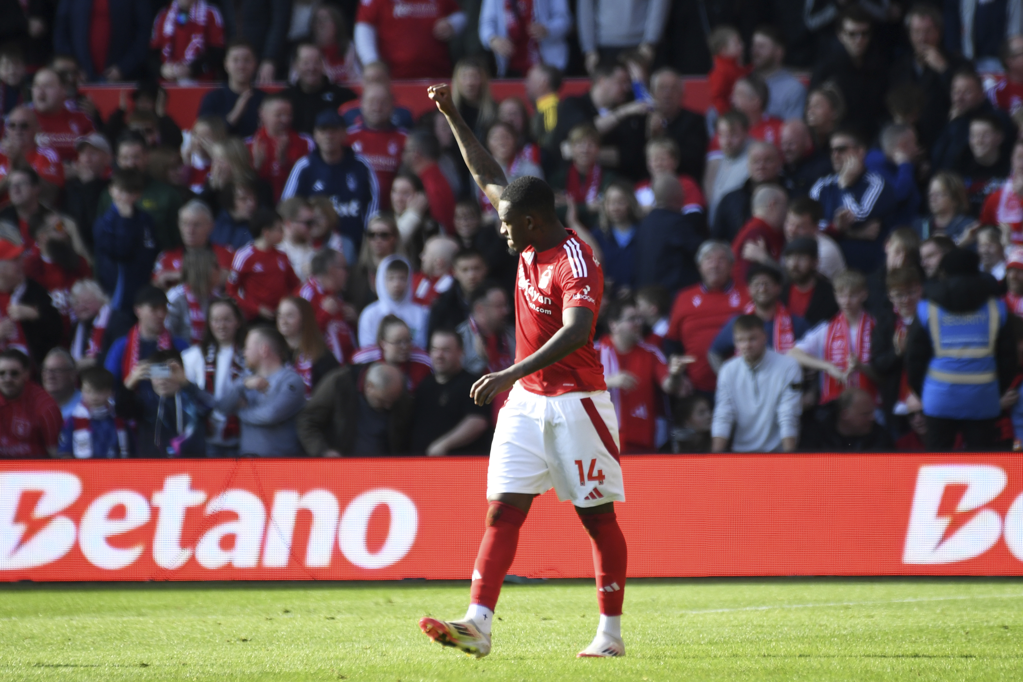 Nottingham Forest's Callum Hudson-Odoi celebrates scoring his side's opening goal during the English Premier League soccer match between Nottingham Forest and Manchester City at the City Ground stadium, in Nottingham, England, Saturday, March 8, 2025.