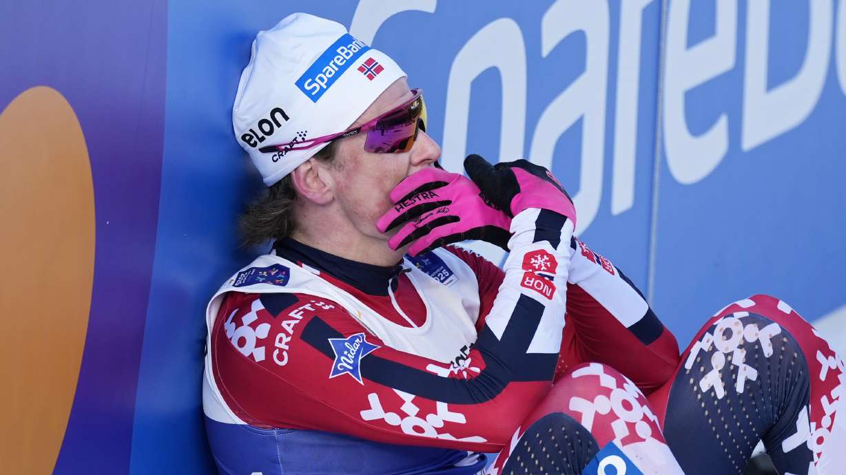 Johannes Hoesflot Klaebo, of Norway, reacts after crossing the finish line to win the gold medal in the cross-country men's mass start 50 Km at the Nordic World Ski Championships in Trondheim, Norway, Saturday, March 8, 2025.