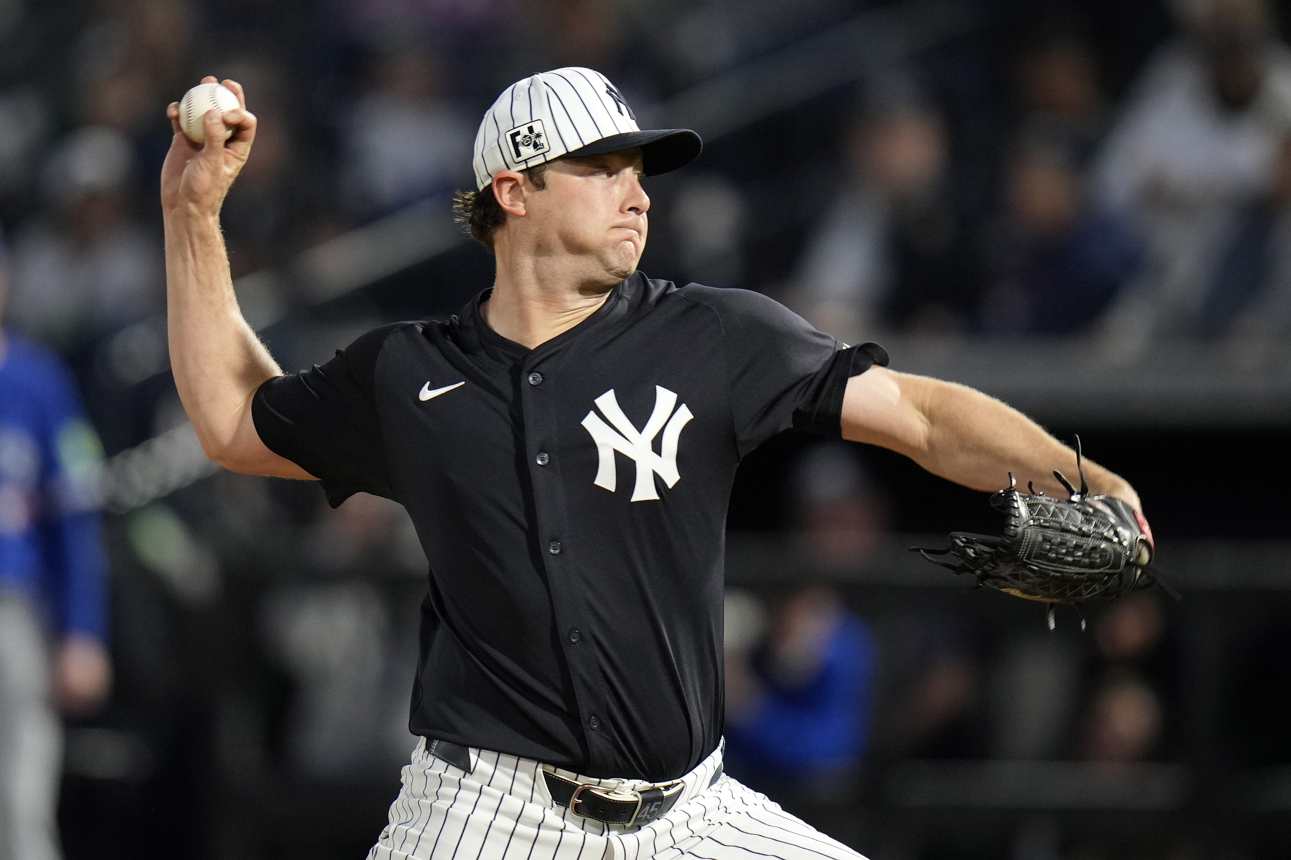 New York Yankees' Gerrit Cole pitches to the Toronto Blue Jays during the first inning of a spring training baseball game Friday, Feb. 28, 2025, in Tampa, Fla.
