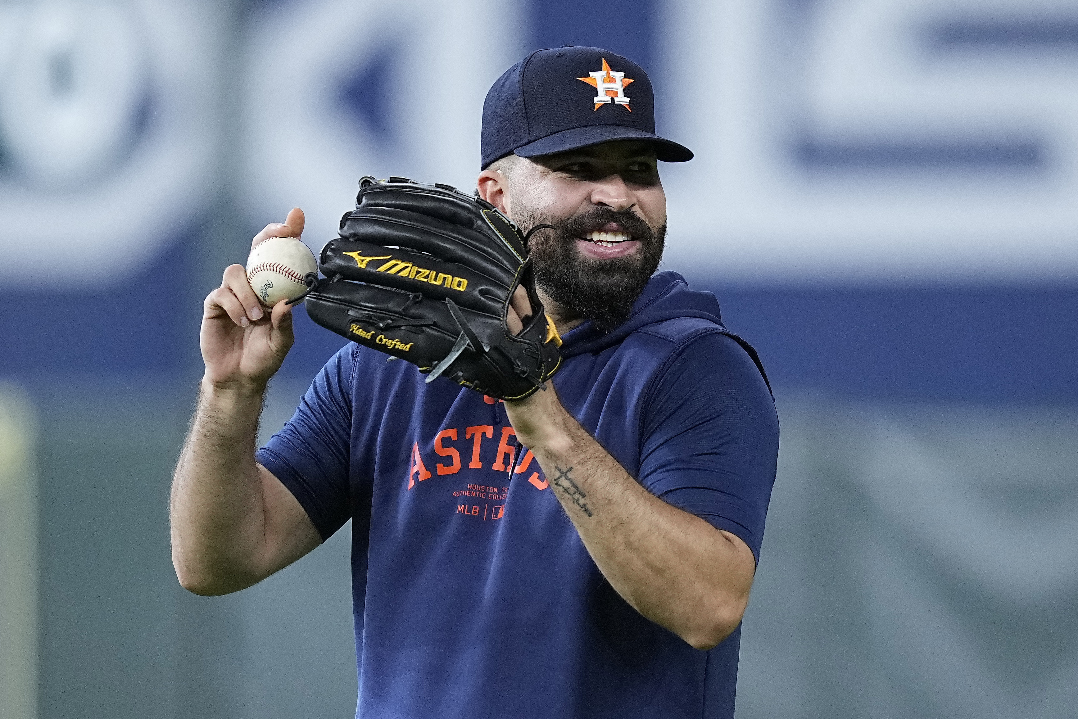 FILE - Houston Astros starting pitcher José Urquidy works out before a baseball game against the Texas Rangers, Sunday, April 14, 2024, in Houston. (AP Photo/Kevin M. Cox, FIle(