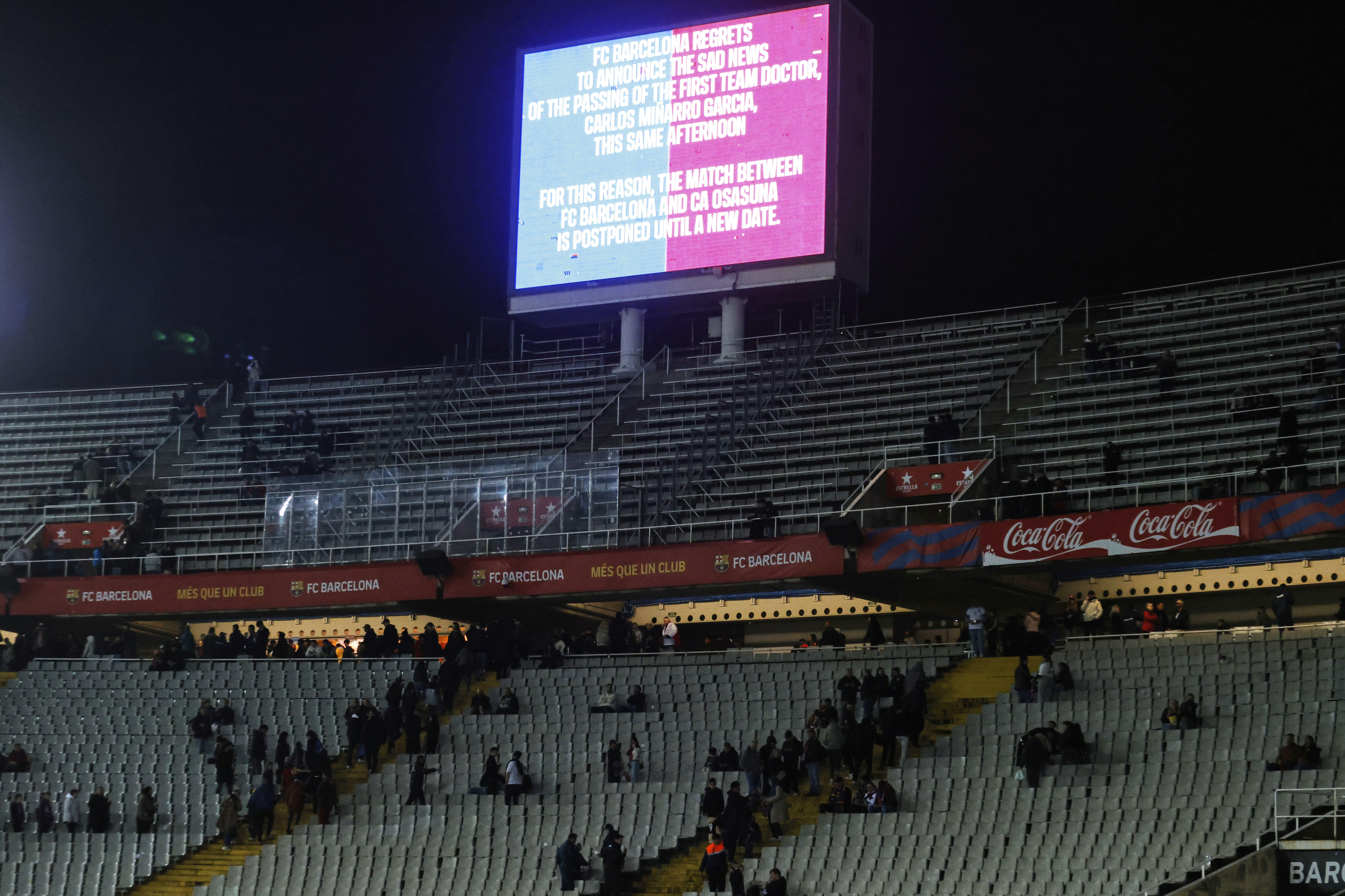 The screen with information that the Spanish La Liga soccer match between Barcelona and Osasuna is cancelled, at the Lluis Companys Olympic Stadium, in Barcelona, Spain, Saturday, March 8, 2025. 