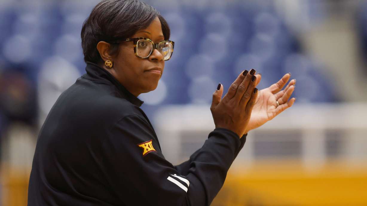 FILE - Arizona State head coach Natasha Adair reacts during an NCAA basketball game against Coppin State, Thursday, Dec. 5, 2024, in Baltimore.