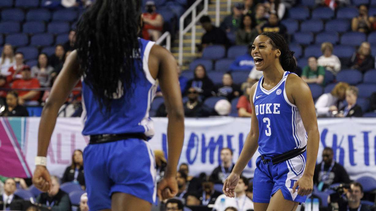 Duke's Ashlon Jackson (3) reacts after a play late in the second half of an NCAA college basketball game against Notre Dame in the semifinals of the Atlantic Coast Conference tournament in Greensboro, N.C., Saturday, March 8, 2025.