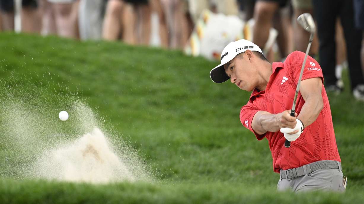 Collin Morikawa hits out of a bunker onto the 14th green during the third round of the Arnold Palmer Invitational at Bay Hill golf tournament, Saturday, March 8, 2025, in Orlando, Fla.