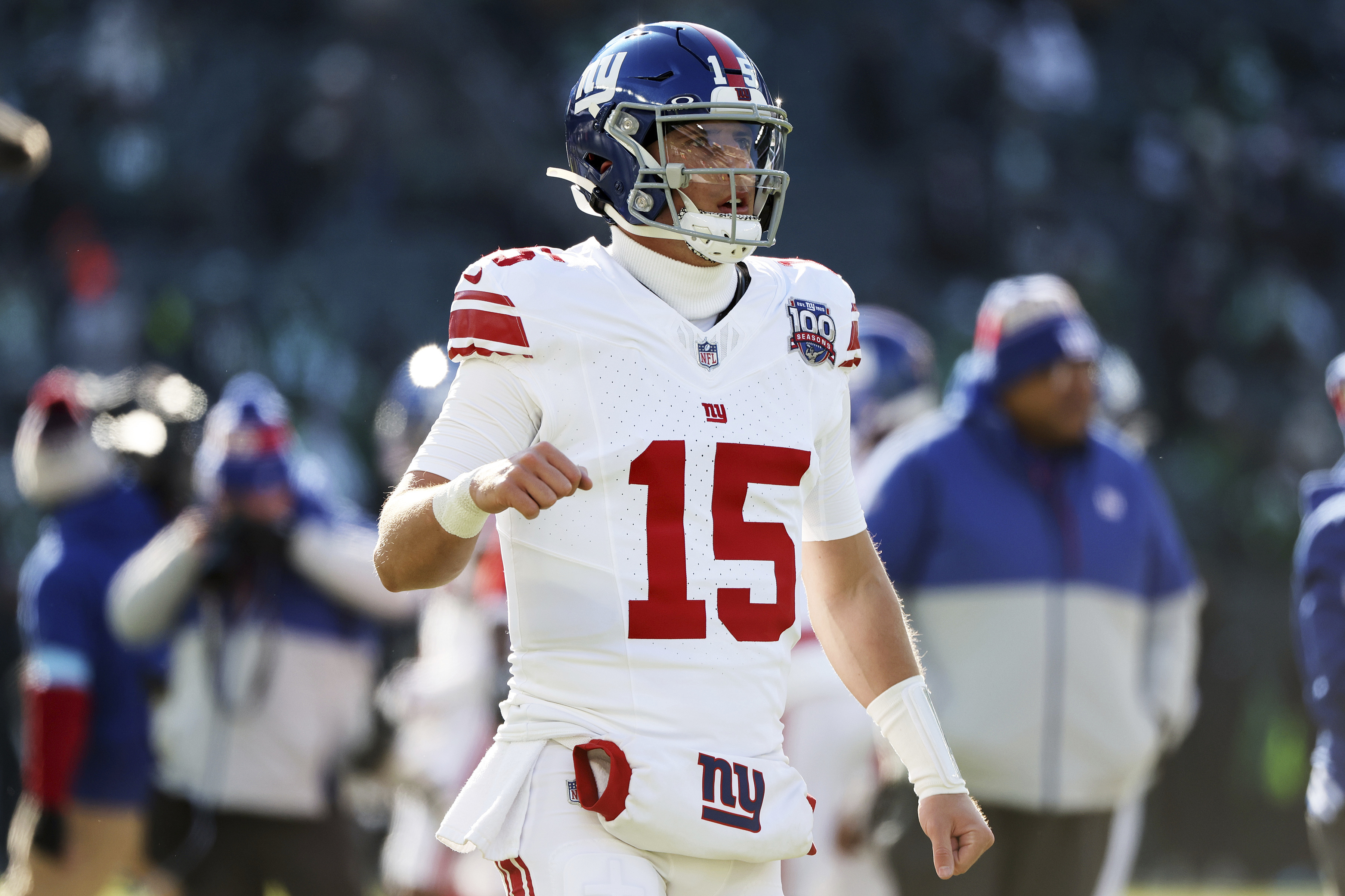 New York Giants quarterback Tommy DeVito (15) warms up before an NFL football game against the Philadelphia Eagles, Jan. 5, 2025, in Philadelphia. 