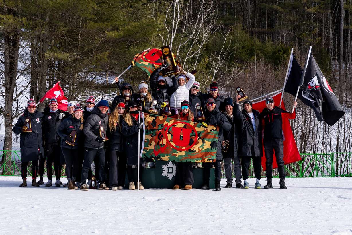 Utah's ski team poses for a picture after winning the NCAA Championships in New Hampshire.