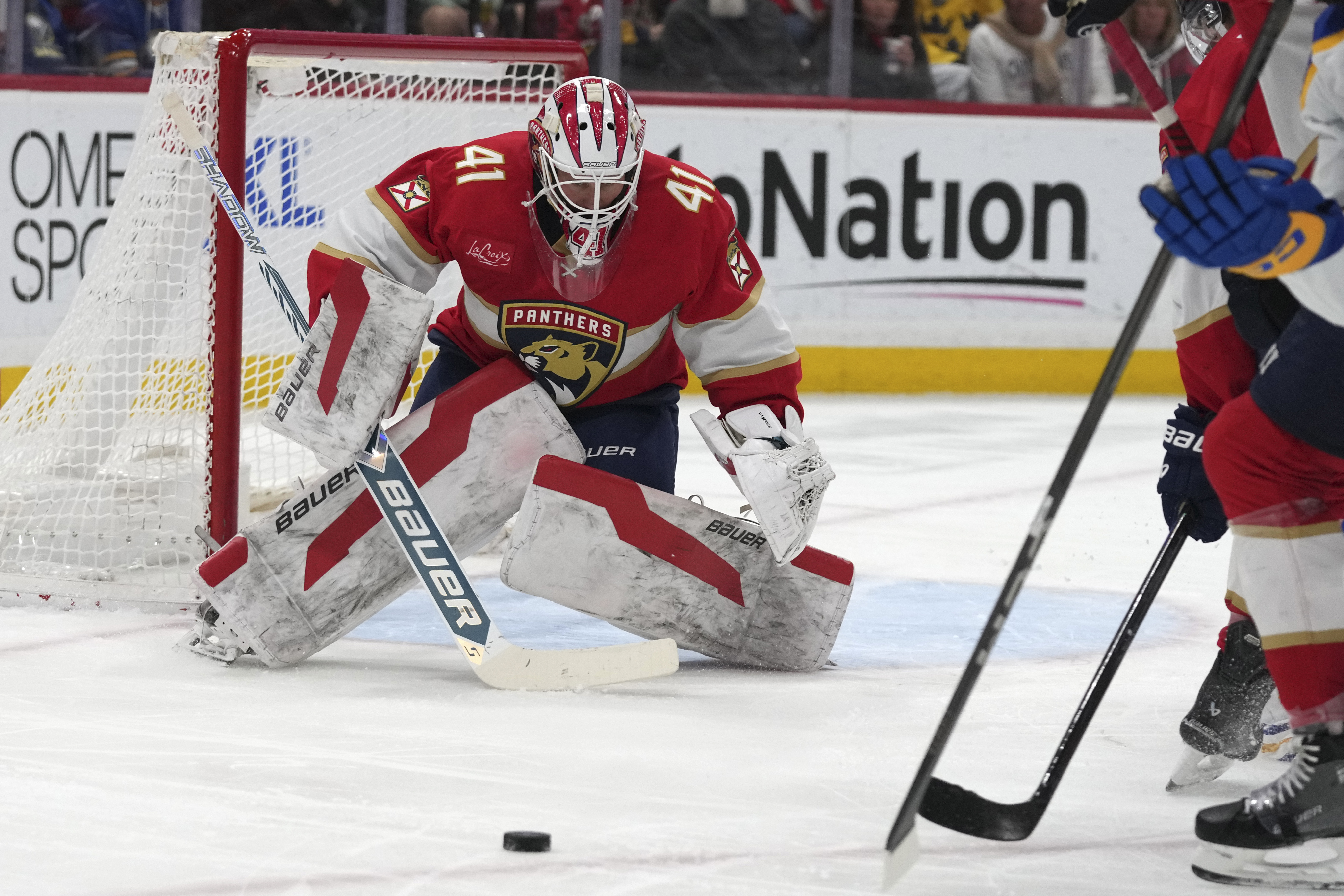 Florida Panthers goaltender Vitek Vanecek (41) defends the goal during the first period of an NHL hockey game against the Buffalo Sabres, Saturday, March 8, 2025, in Sunrise, Fla. 