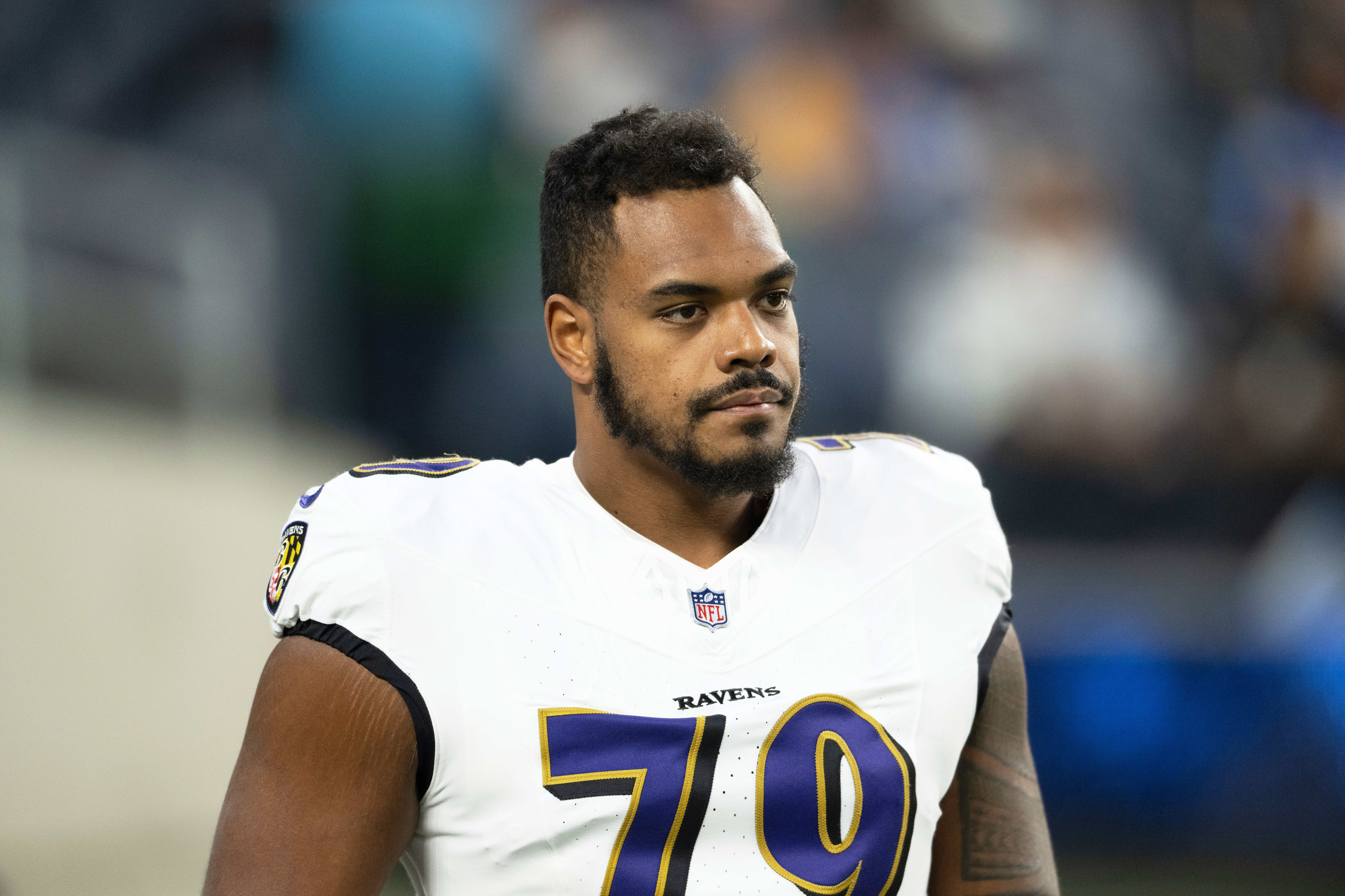 Baltimore Ravens offensive tackle Ronnie Stanley (79) walks on the field before an NFL football game against the Los Angeles Chargers, Monday, Nov. 25, 2024, in Inglewood, Calif. 