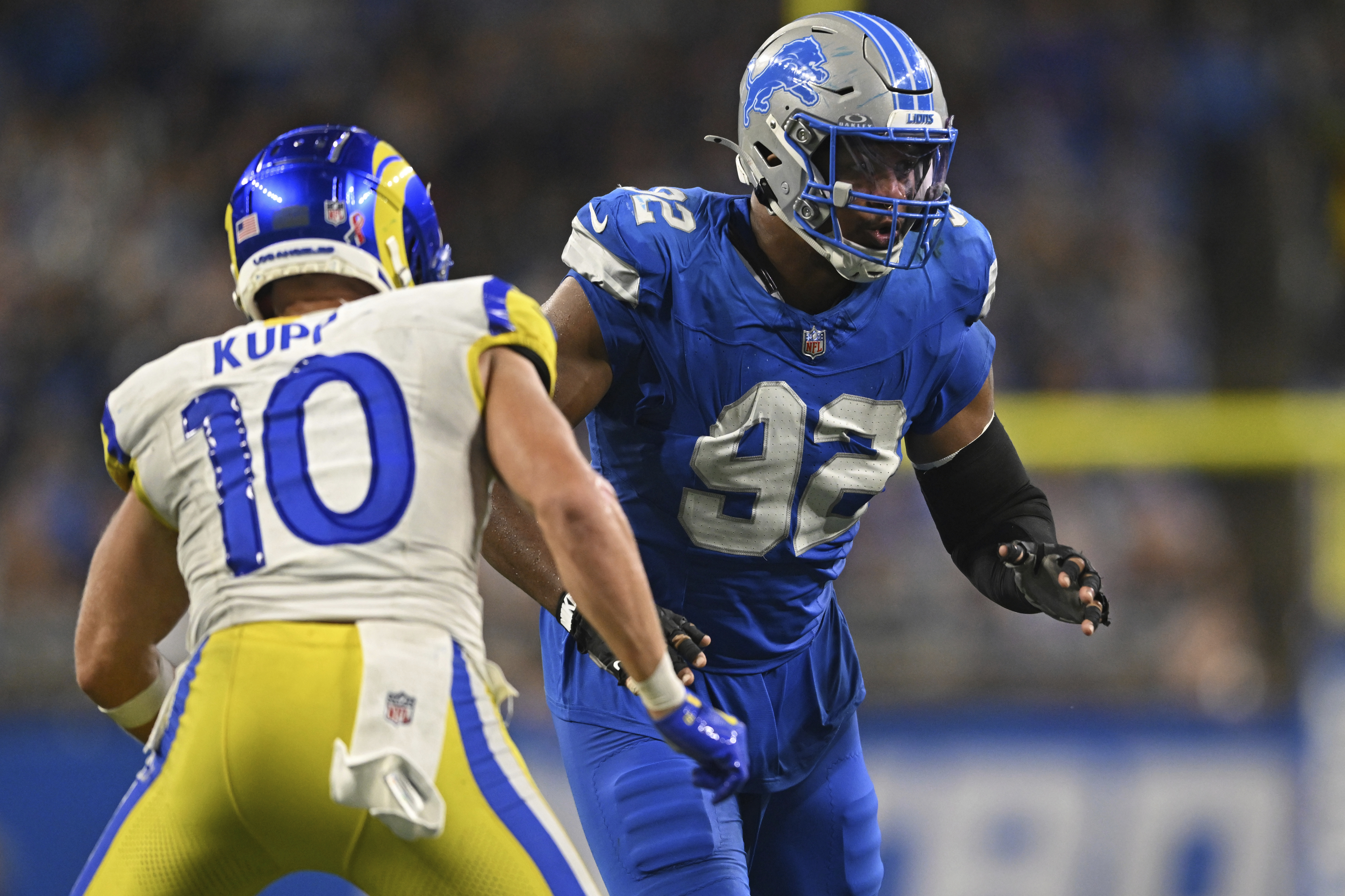 FILE - Detroit Lions defensive end Marcus Davenport (92) rushes during the second half of an NFL football game against the Los Angeles Rams, Sept. 8, 2024, in Detroit.