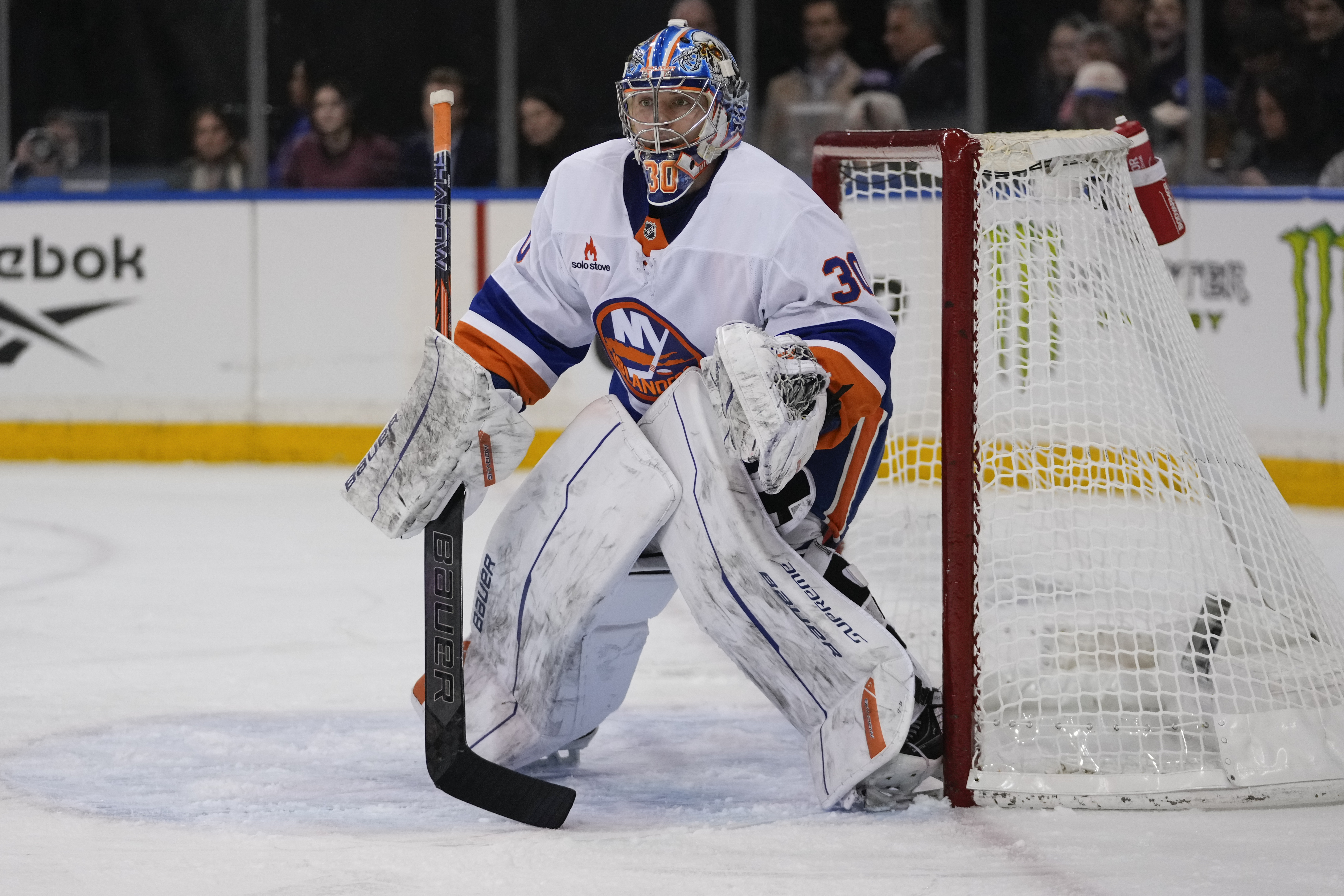 New York Islanders goaltender Ilya Sorokin (30) protects the net during the second period of an NHL hockey game against the New York Rangers Monday, March 3, 2025, in New York. 