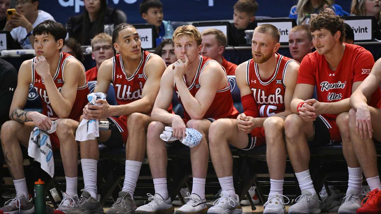 Utah Utes players watch from he bench as BYU and Utah play at the Marriott Center in Provo on Saturday February 8, 2025. BYU won 85-74.