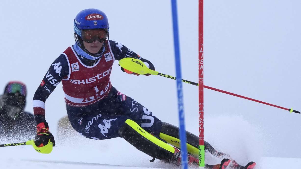 United States' Mikaela Shiffrin speeds down the course during an alpine ski, women's World Cup slalom in Are, Sweden, Sunday, March 9, 2025.