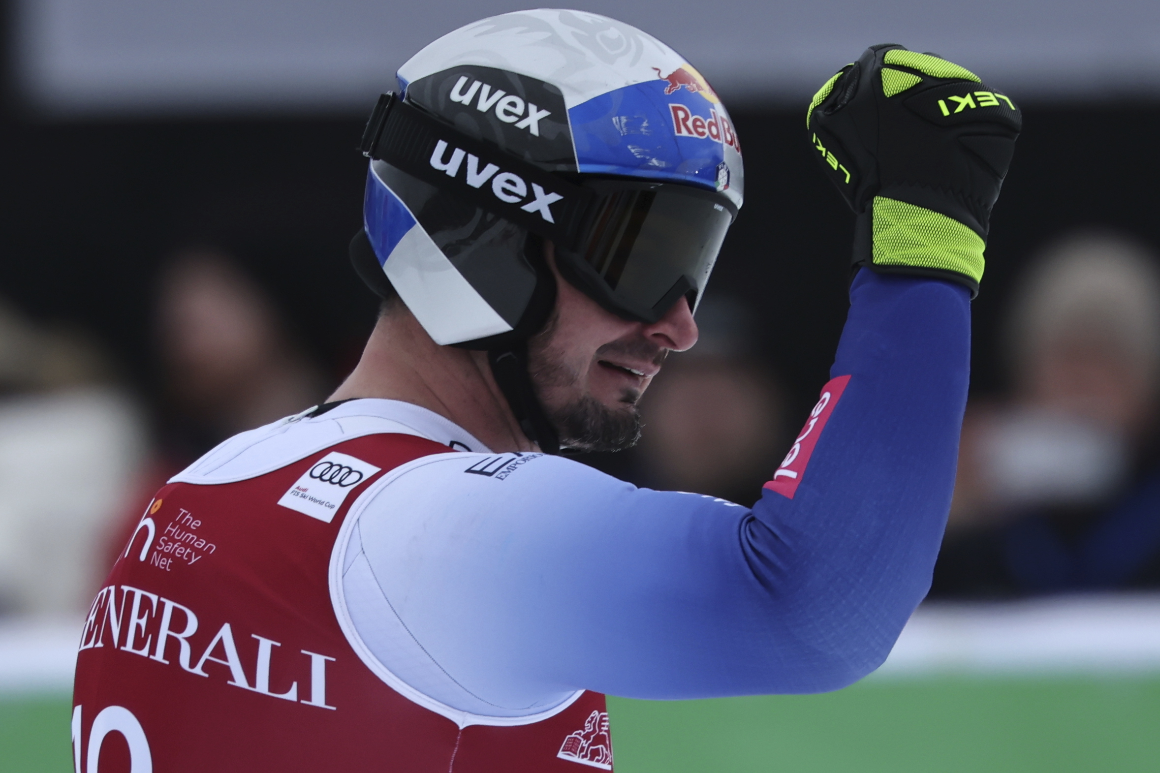 Italy's Dominik Paris reacts after completing an alpine ski, men's World Cup downhill, in Kvitfjell, Norway, Saturday, March 8, 2025. 