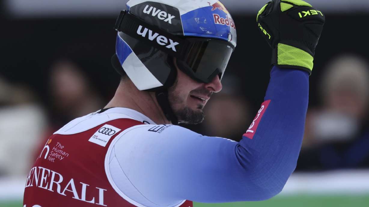 Italy's Dominik Paris reacts after completing an alpine ski, men's World Cup downhill, in Kvitfjell, Norway, Saturday, March 8, 2025.