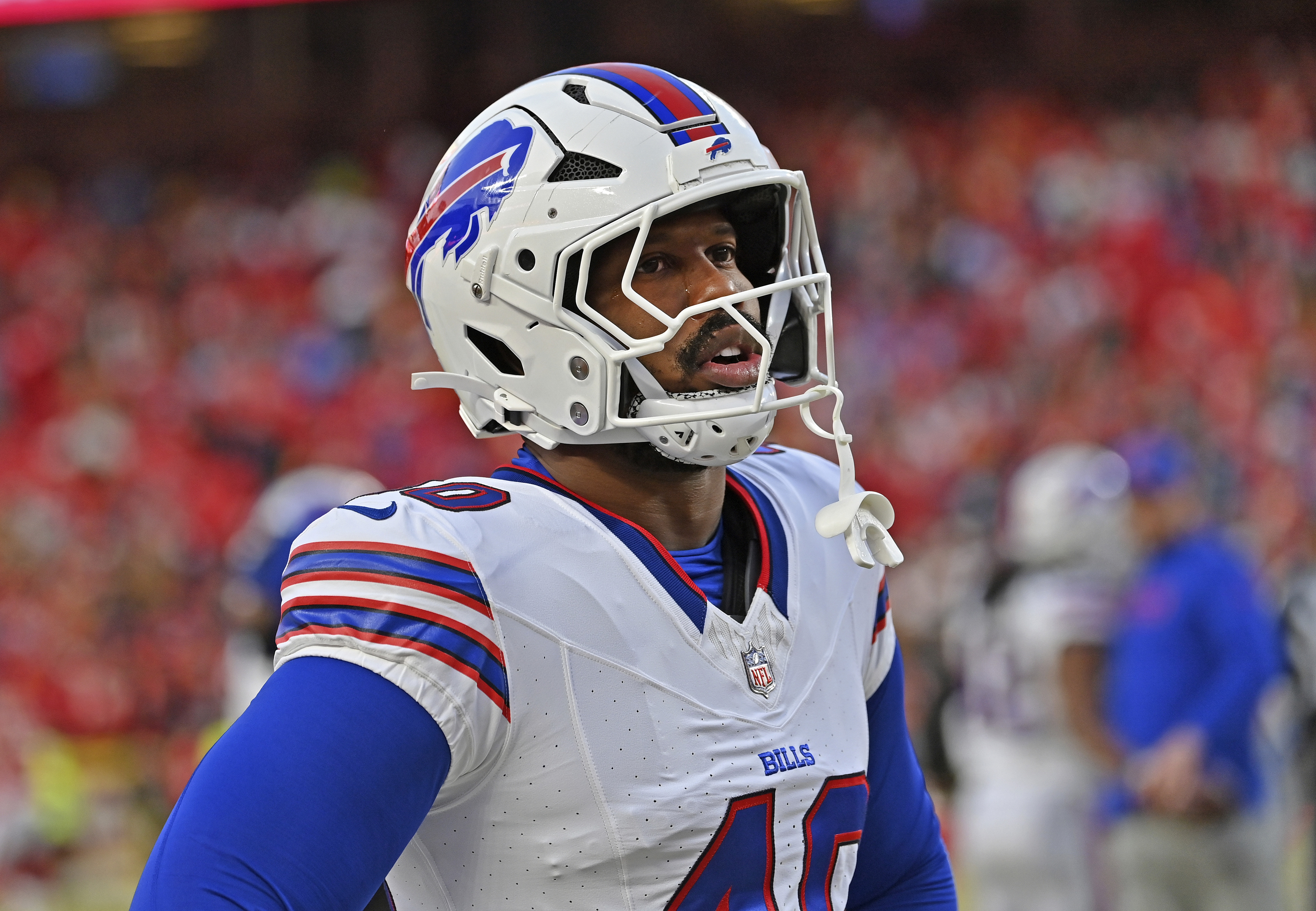 FILE - Buffalo Bills linebacker Von Miller (40) looks on before the AFC Championship NFL football game against the Kansas City Chiefs, Jan. 26, 2025, in Kansas City, Mo. 