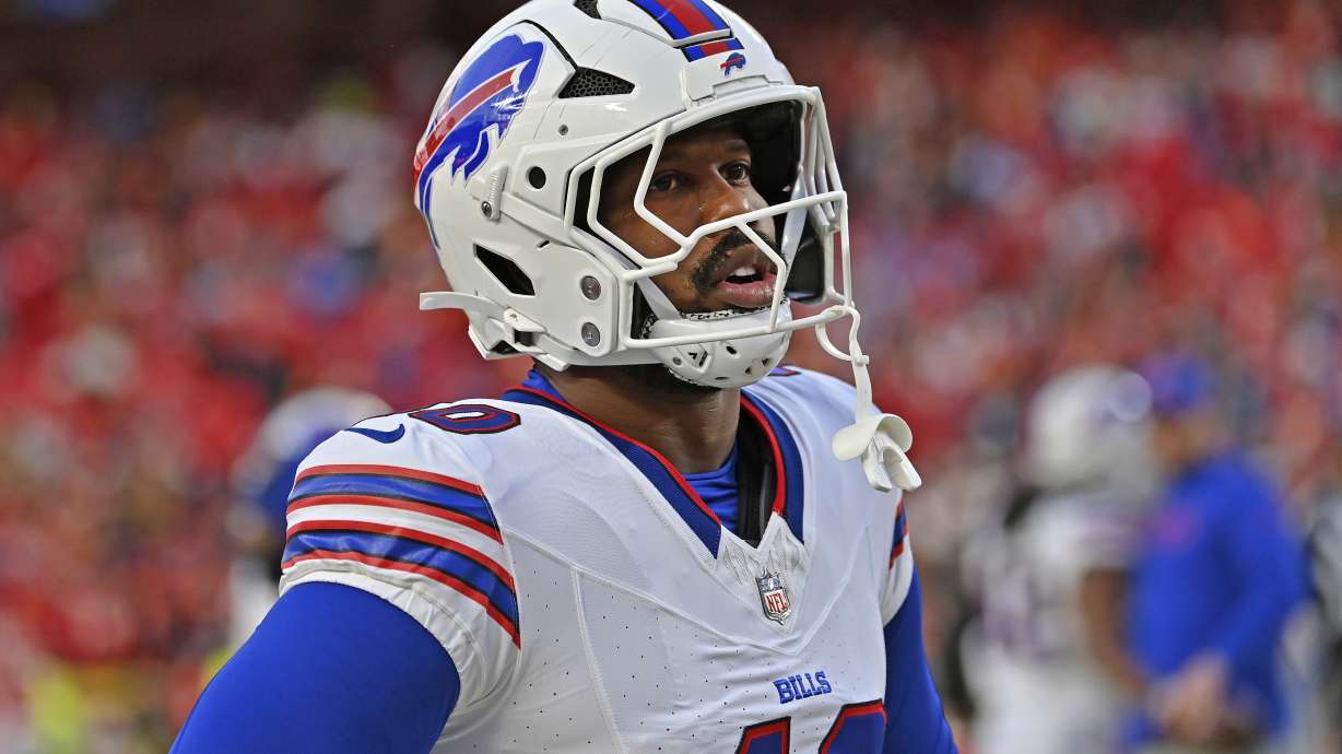 FILE - Buffalo Bills linebacker Von Miller (40) looks on before the AFC Championship NFL football game against the Kansas City Chiefs, Jan. 26, 2025, in Kansas City, Mo.