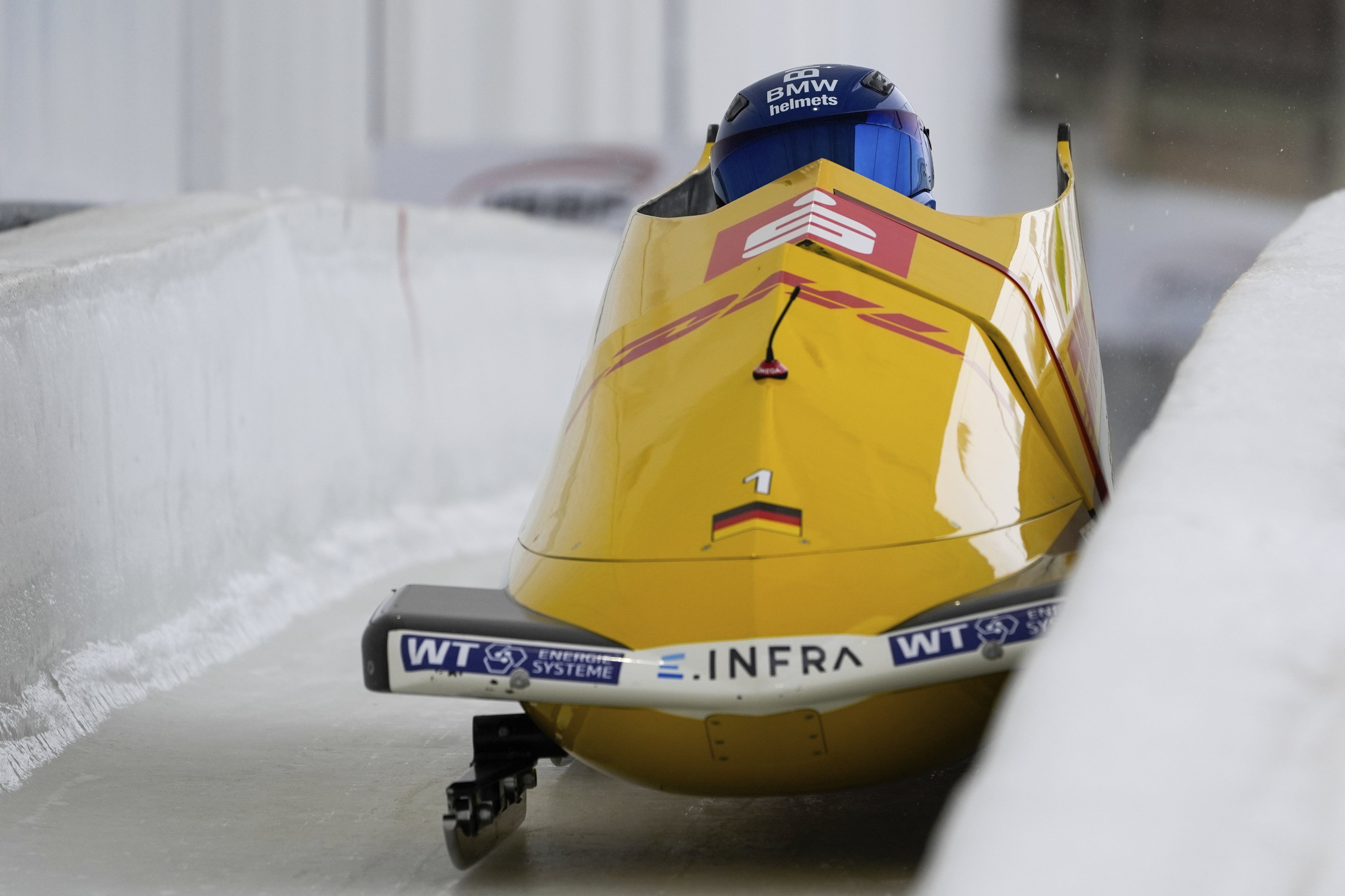 Francesco Friedrich and Alexander Schuller, of Germany, take a curve during their second run in the two-man bobsled at the bobsledding world championships, Saturday, March 8, 2025, in Lake Placid, N.Y.