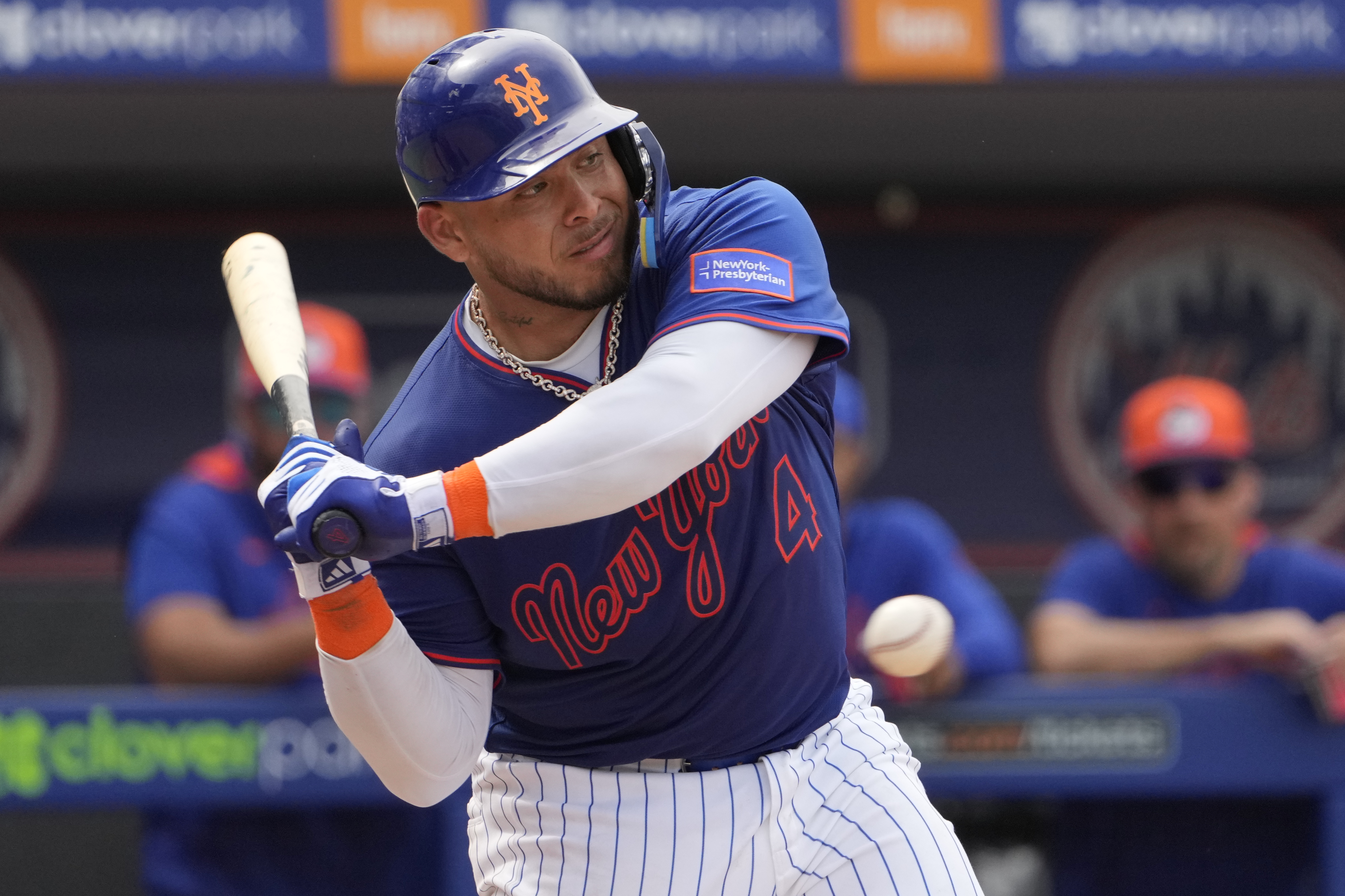 New York Mets' Francisco Alvarez takes a ball during the fourth inning of a spring training baseball game against the Houston Astros Thursday, Feb. 27, 2025, in Port St. Lucie, Fla. 