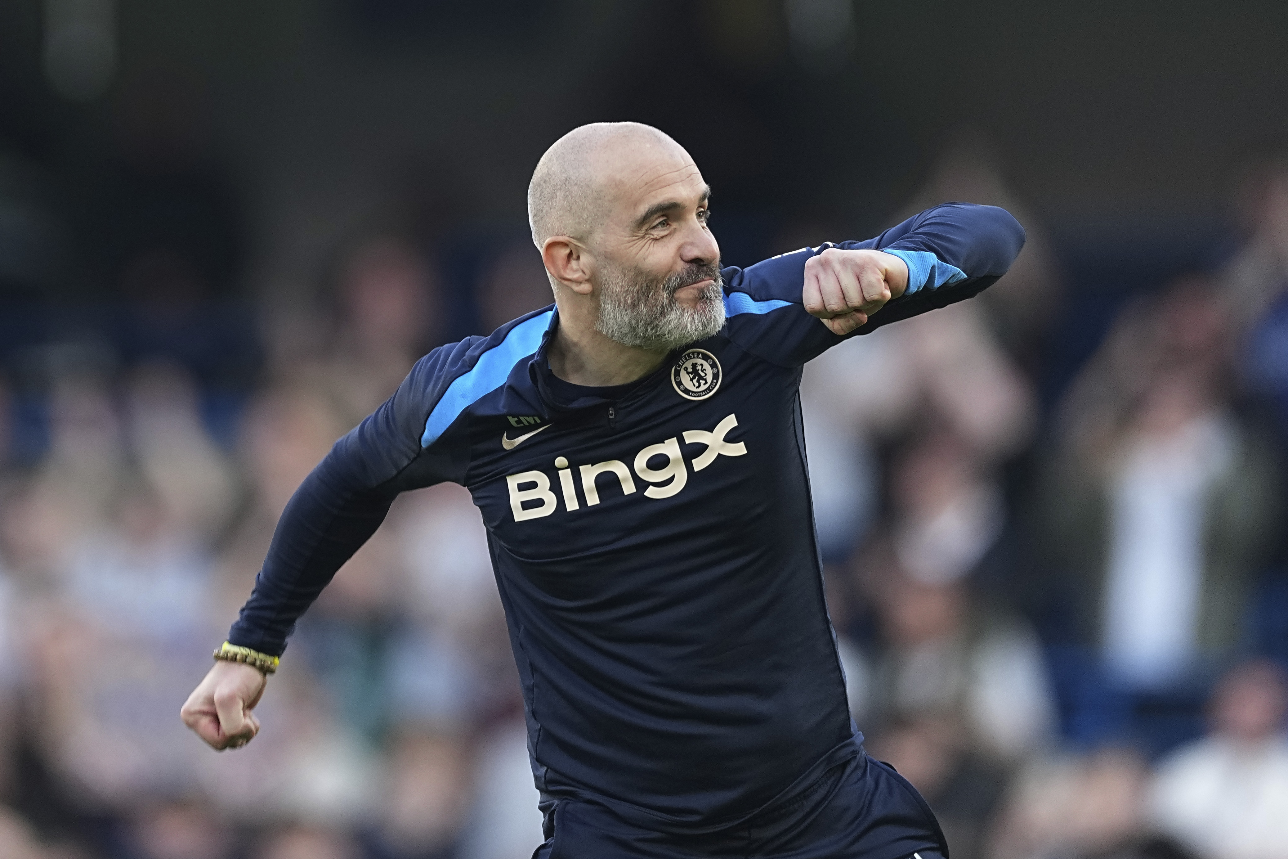 Chelsea's head coach Enzo Maresca celebrates at the end of the English Premier League soccer match between Chelsea and Leicester City, at the Stamford Bridge stadium in London, Sunday, March 9, 2025. 
