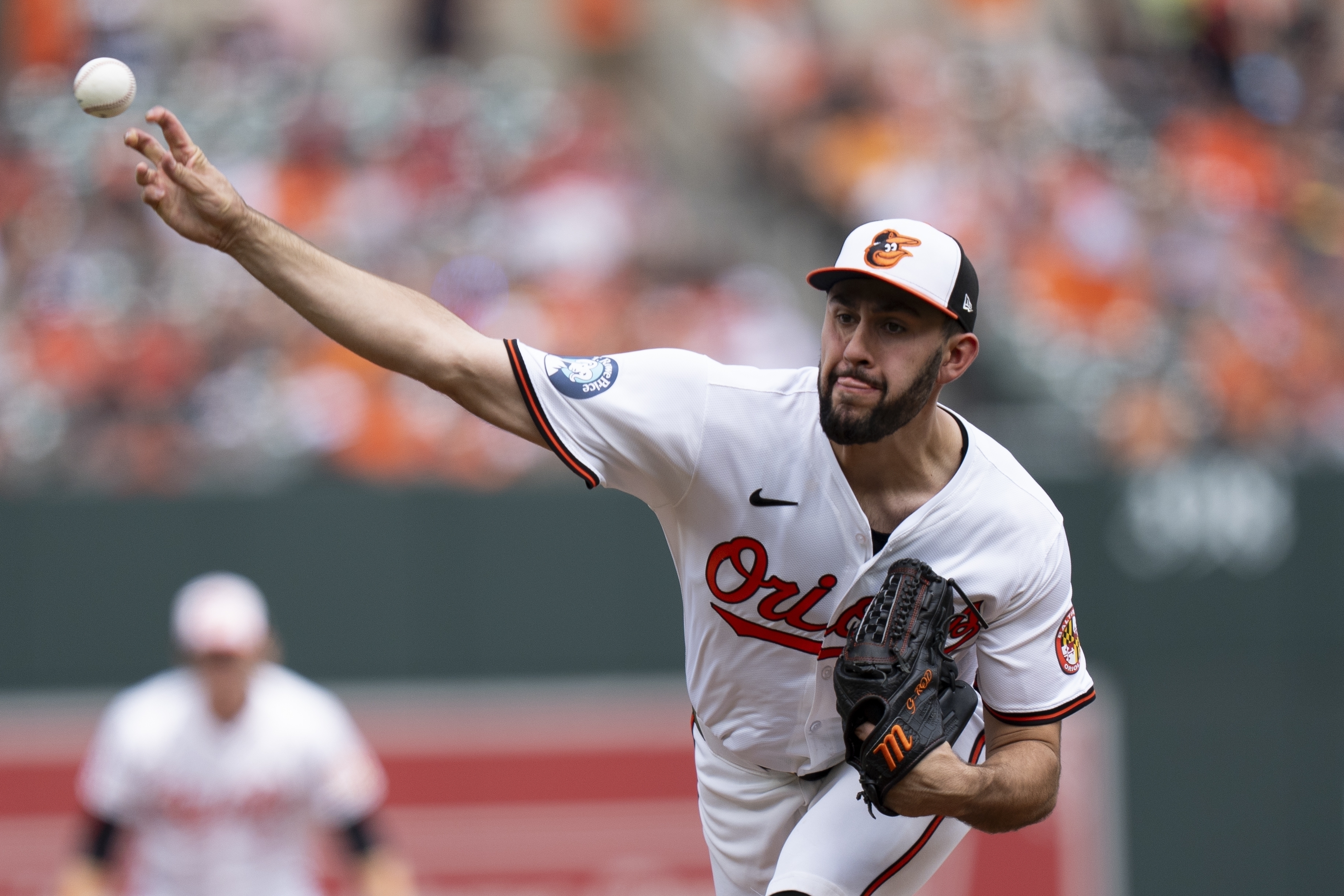 FILE - Baltimore Orioles starting pitcher Grayson Rodriguez throws during the first inning of a baseball game against the Toronto Blue Jays, Wednesday, July 31, 2024, in Baltimore.