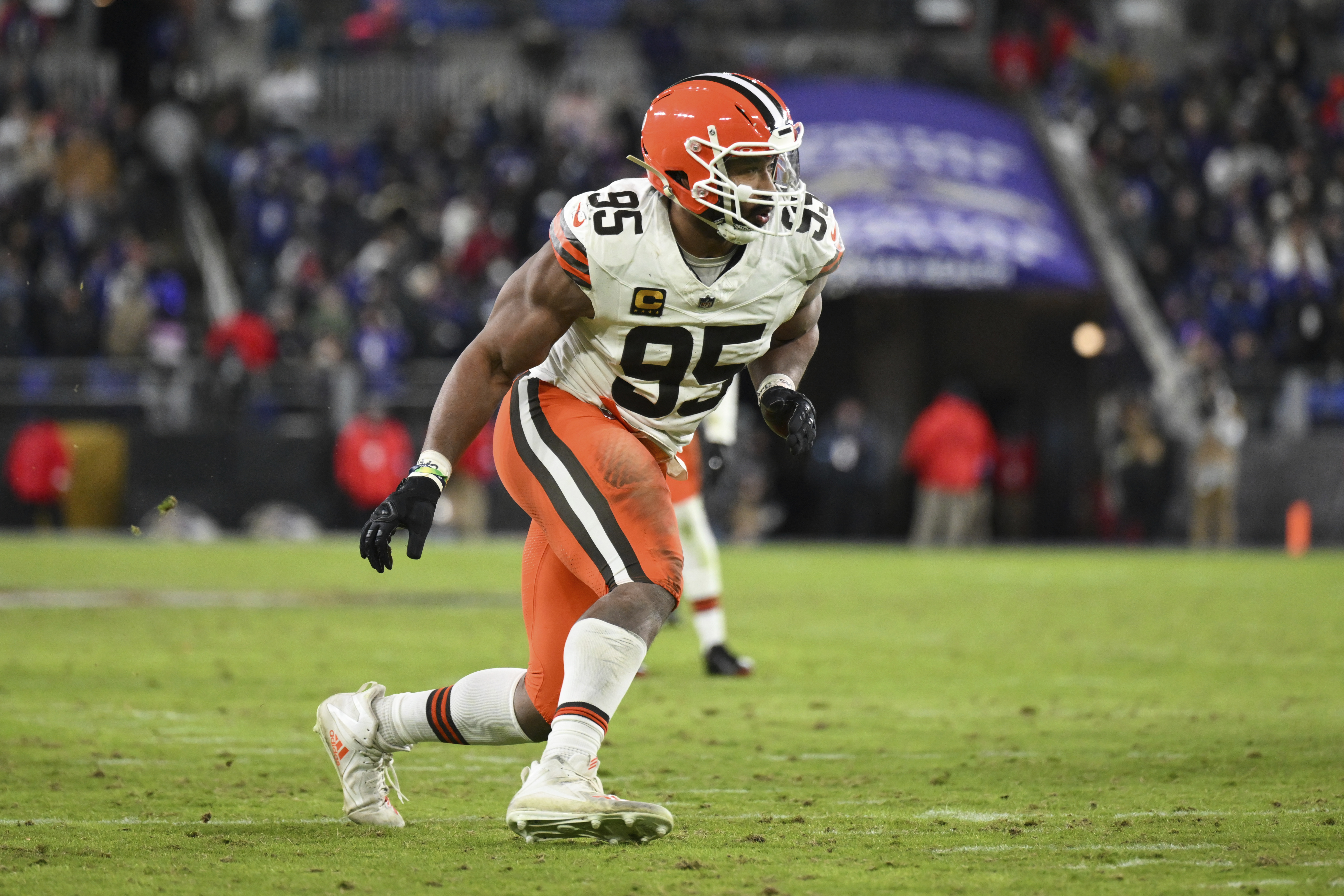 FILE - Cleveland Browns defensive end Myles Garrett (95) in action during the first half of an NFL football game against the Baltimore Ravens, Jan. 4 2025, in Baltimore. 