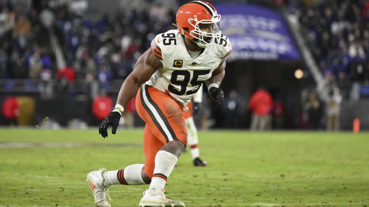 FILE - Cleveland Browns defensive end Myles Garrett (95) in action during the first half of an NFL football game against the Baltimore Ravens, Jan. 4 2025, in Baltimore.