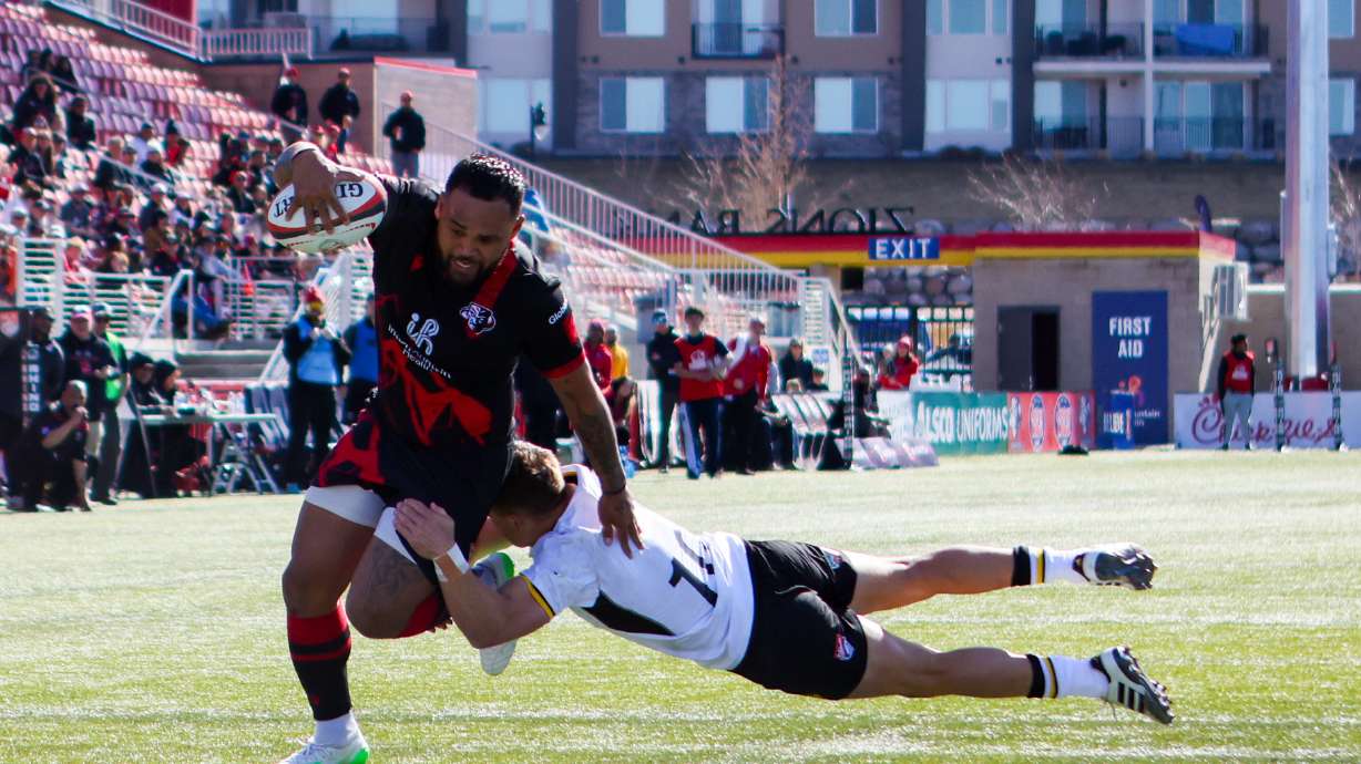 Utah Warriors' Joe Mano tries to score a try against the Houston Sabercats during a Major League Rugby match, Saturday, March 8, 2025 at Zions Bank Stadium in Herriman.