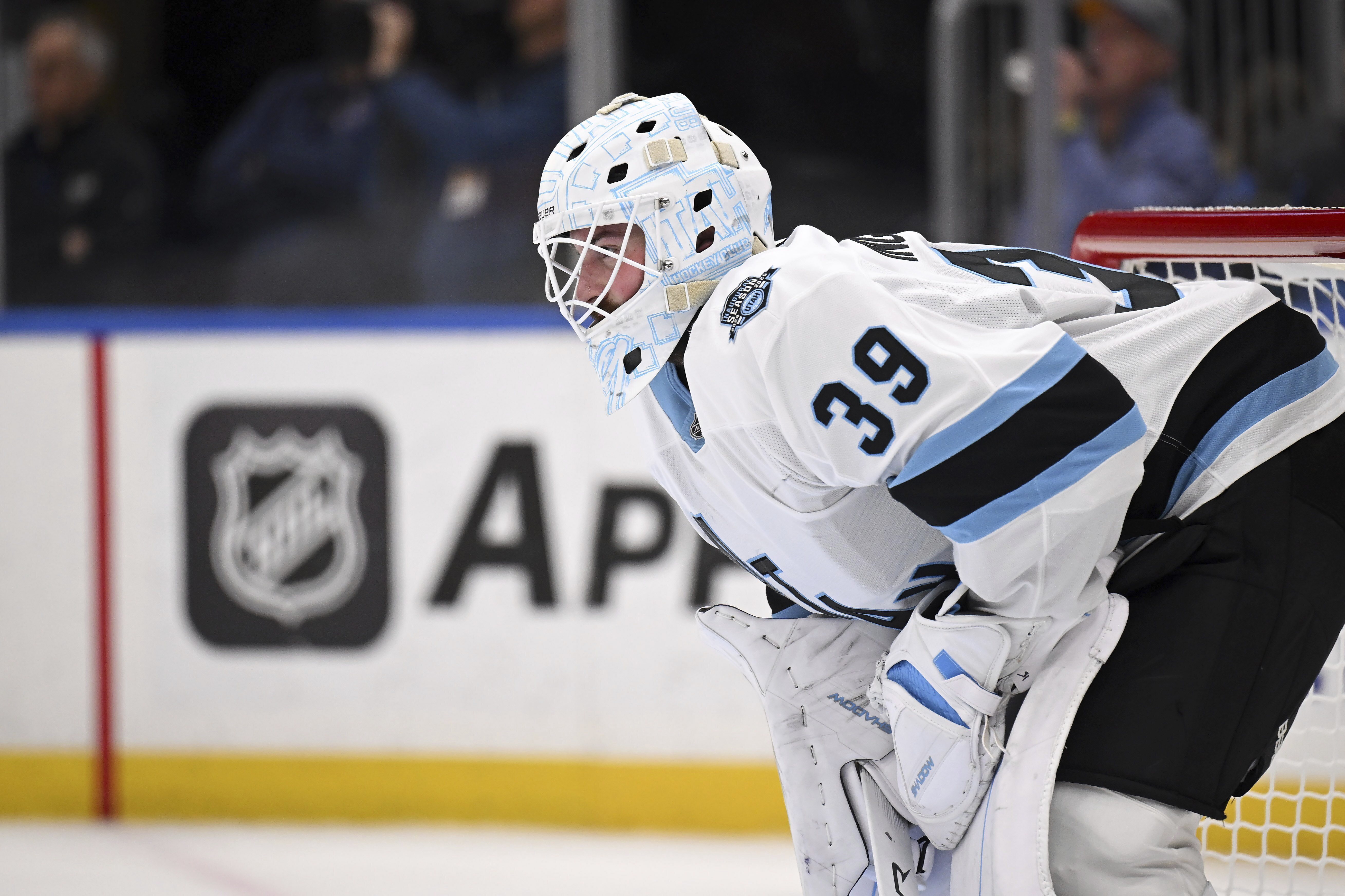 FILE - Utah Hockey Club's Connor Ingram (39) looks on during the second period of an NHL hockey game against the St. Louis Blues, Nov. 7, 2024, in St. Louis.