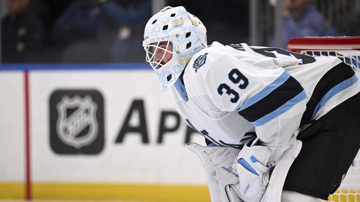 Utah Hockey Club's Connor Ingram (39) looks on during the second period of an NHL hockey game against the St. Louis Blues, Nov. 7, 2024, in St. Louis.