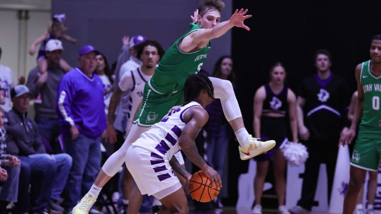 Utah Valley's Tanner Toolson defends against Tarleton State during a Western Athletic Conference basketball game, Saturday, March 8, 2025 in Stephenville, Texas. The Wolverines clinched the outright WAC regular-season title and No. 1 seed in next week's conference tournament in Las Vegas.