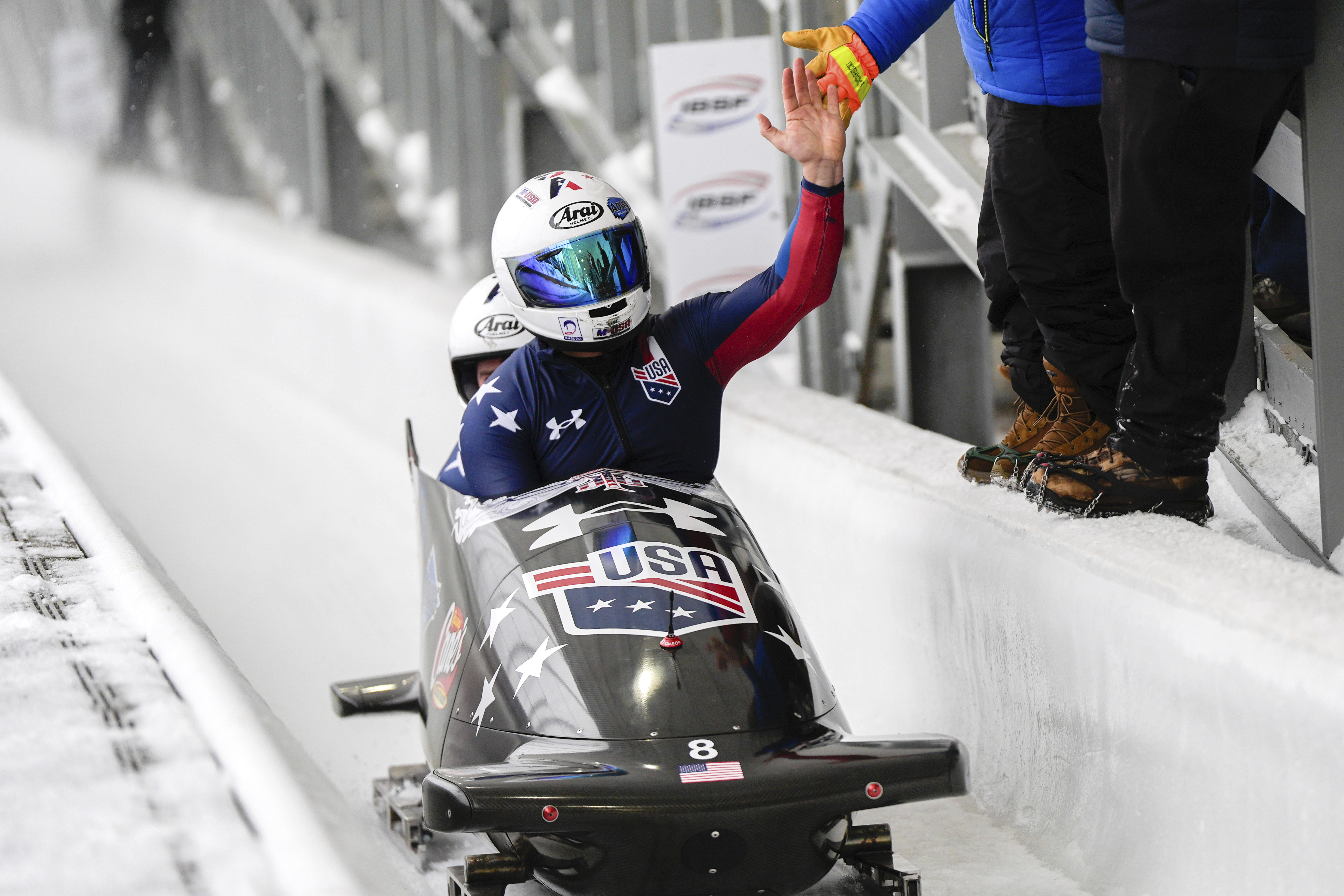 Frank Del Duca and Charles Volker, of the United States, finish the fourth run in the two-man bobsled at the bobsledding world championships, Sunday, March 9, 2025, in Lake Placid, N.Y. 