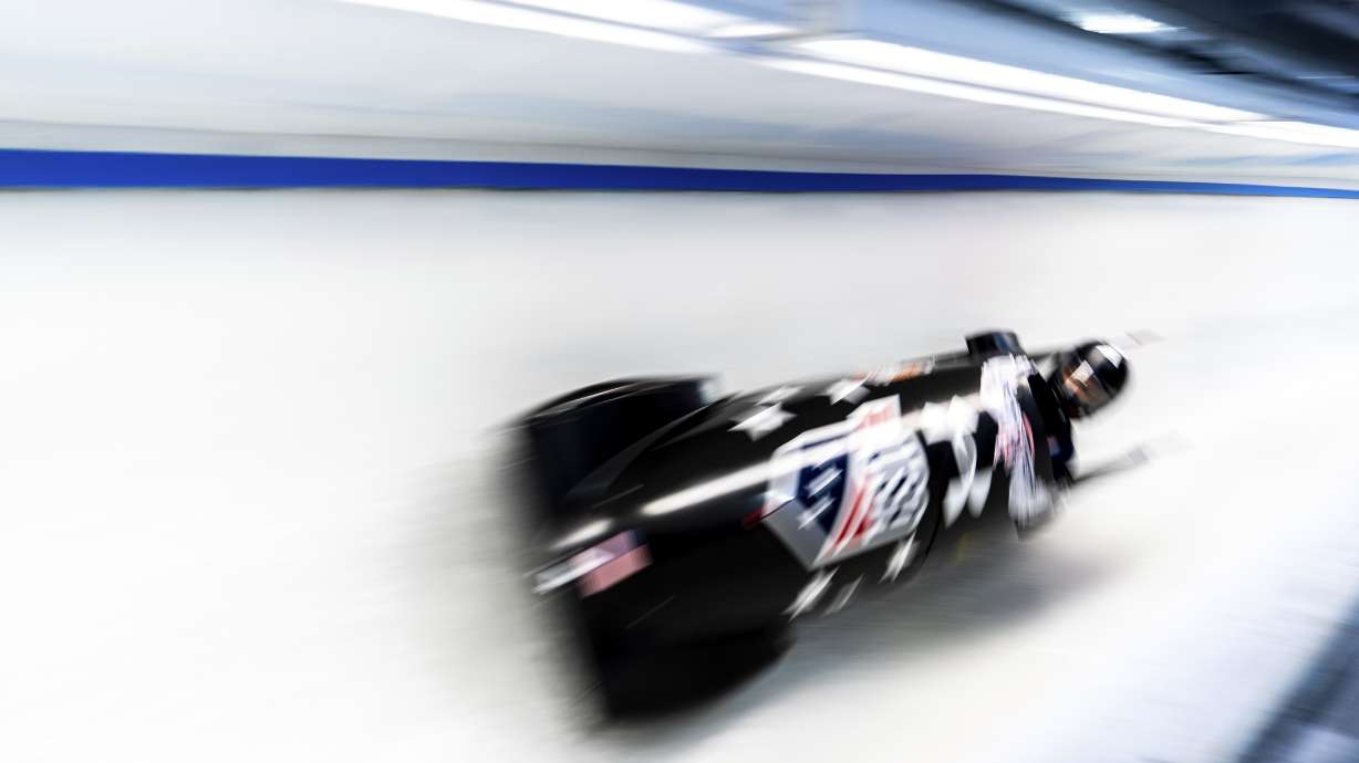 Kaysha Love, of the United States, takes a curve during her second run in the women's monobob at the bobsledding world championships, Saturday, March 8, 2025, in Lake Placid, N.Y.