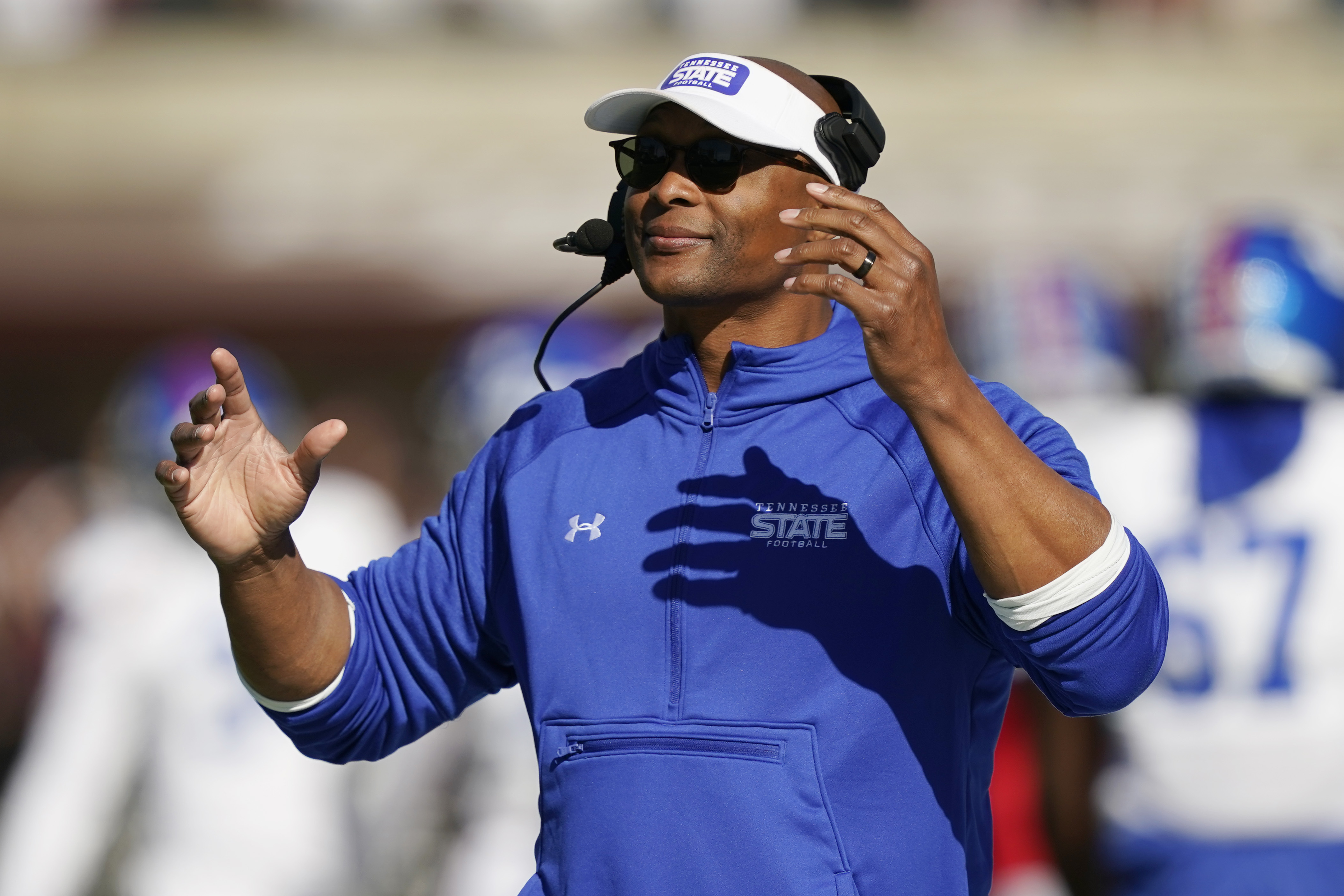 FILE - Tennessee State head coach Eddie George gestures as his team takes the field during the first half of an NCAA college football game against Mississippi State, Nov. 20, 2021, in Starkville, Miss.