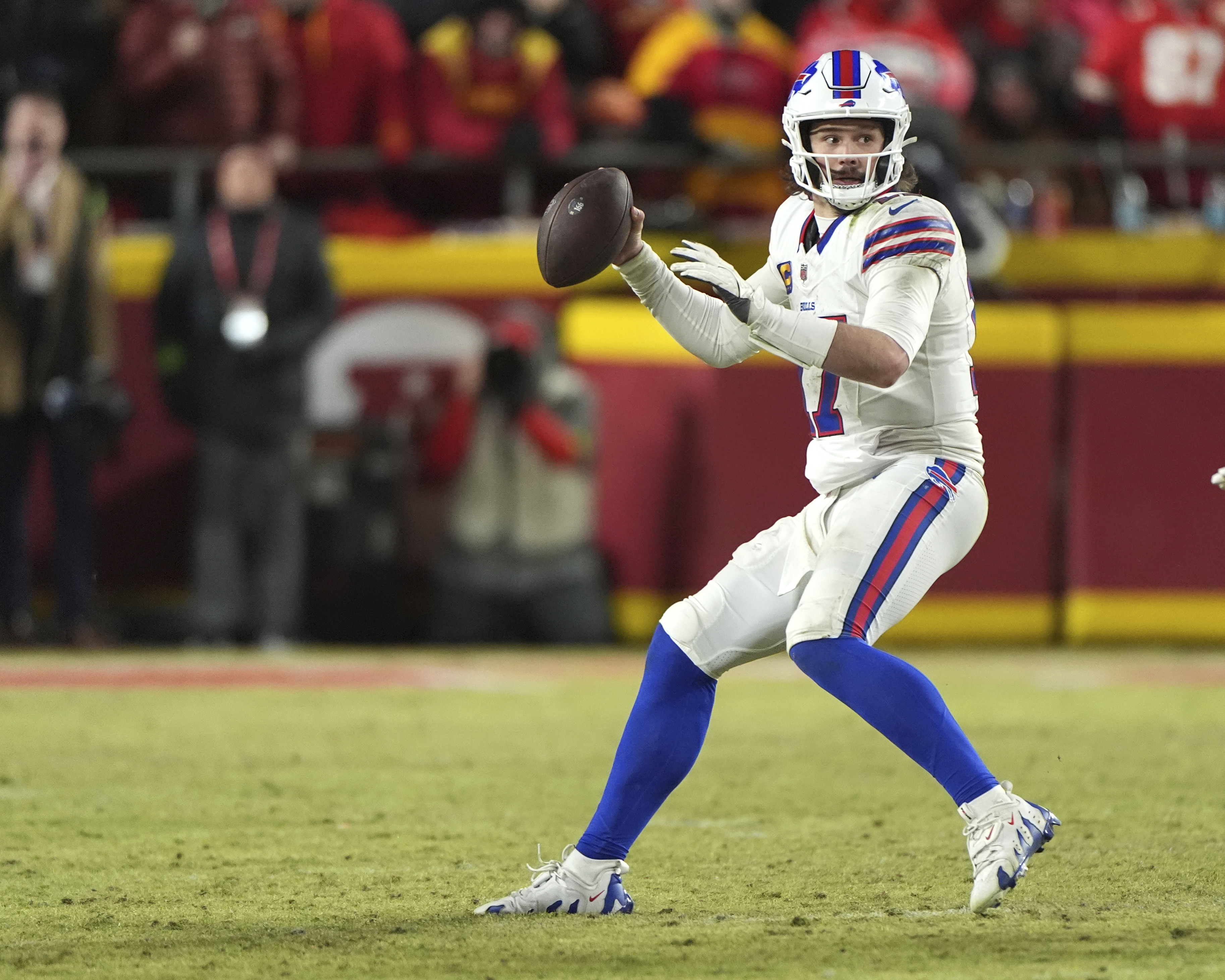 FILE - Buffalo Bills quarterback Josh Allen looks to pass during the second half of the AFC Championship NFL football game against the Kansas City Chiefs, Monday, Jan. 27, 2025, in Kansas City, Mo.