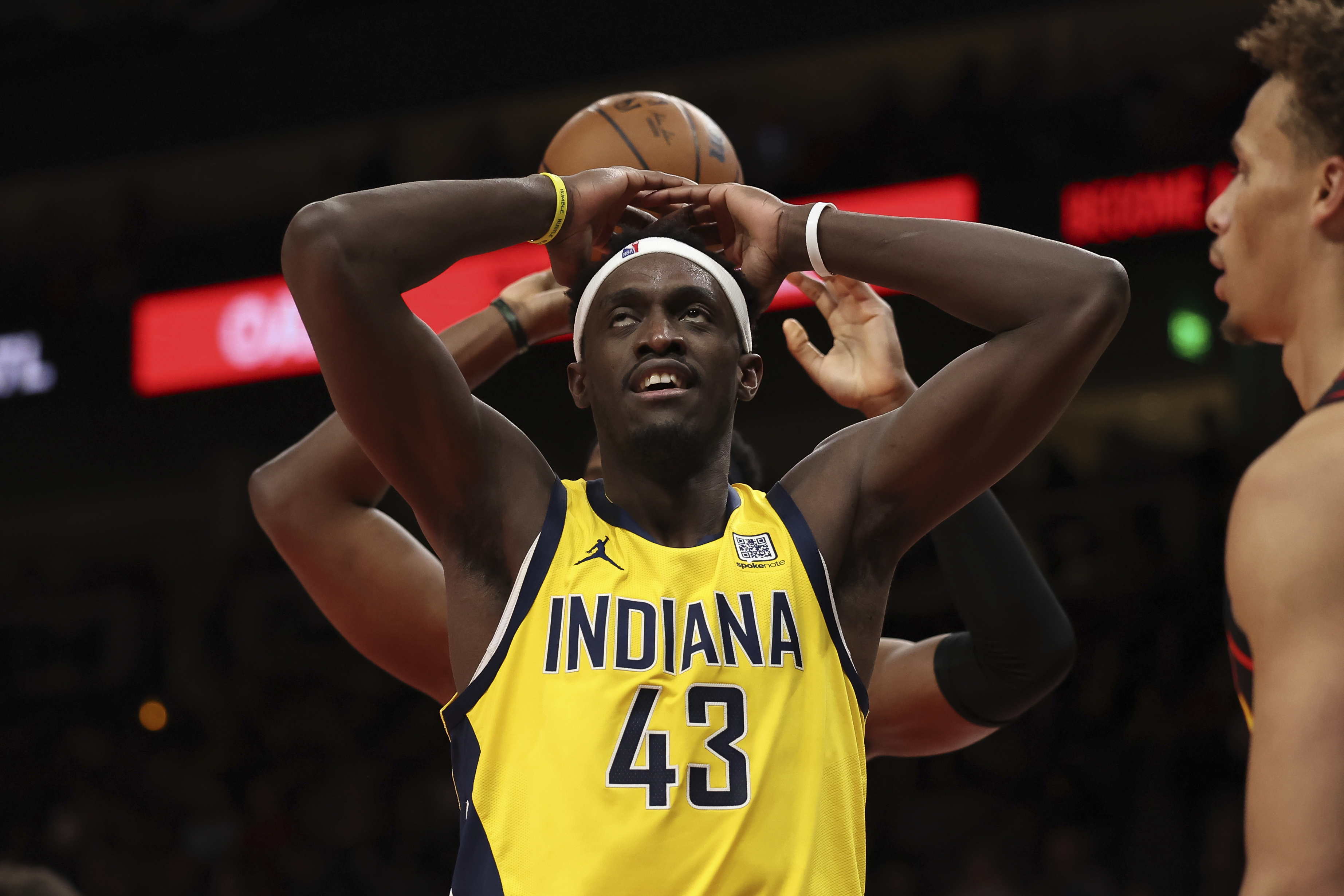 Indiana Pacers forward Pascal Siakam (43) reacts after a foul against the Atlanta Hawks in the second half of an NBA basketball game, Thursday, March 6, 2025, in Atlanta. 