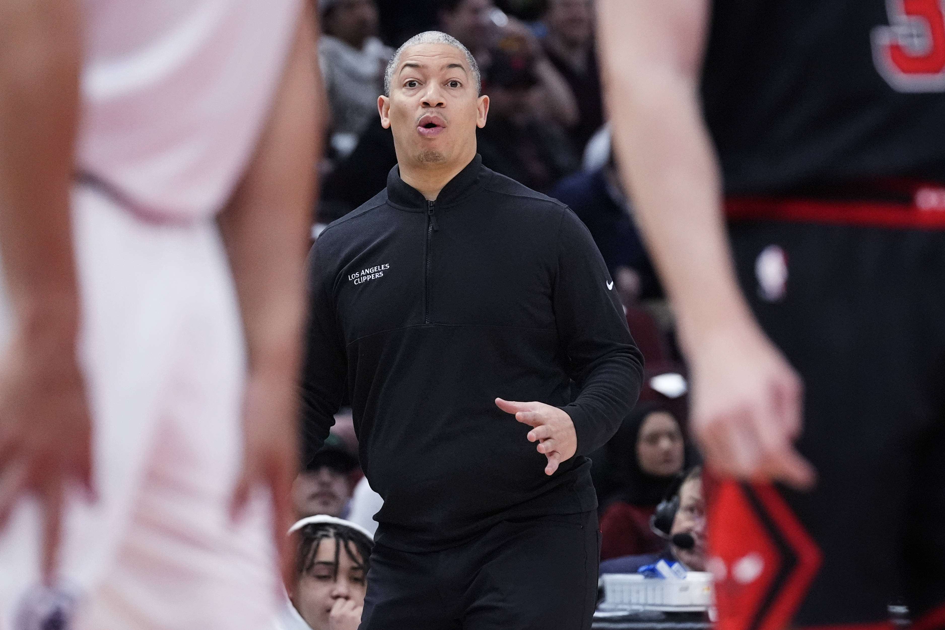 LA Clippers head coach Tyronn Lue reacts as he watches players during the first half of an NBA basketball game against the Chicago Bulls in Chicago, Wednesday, Feb. 26, 2025.