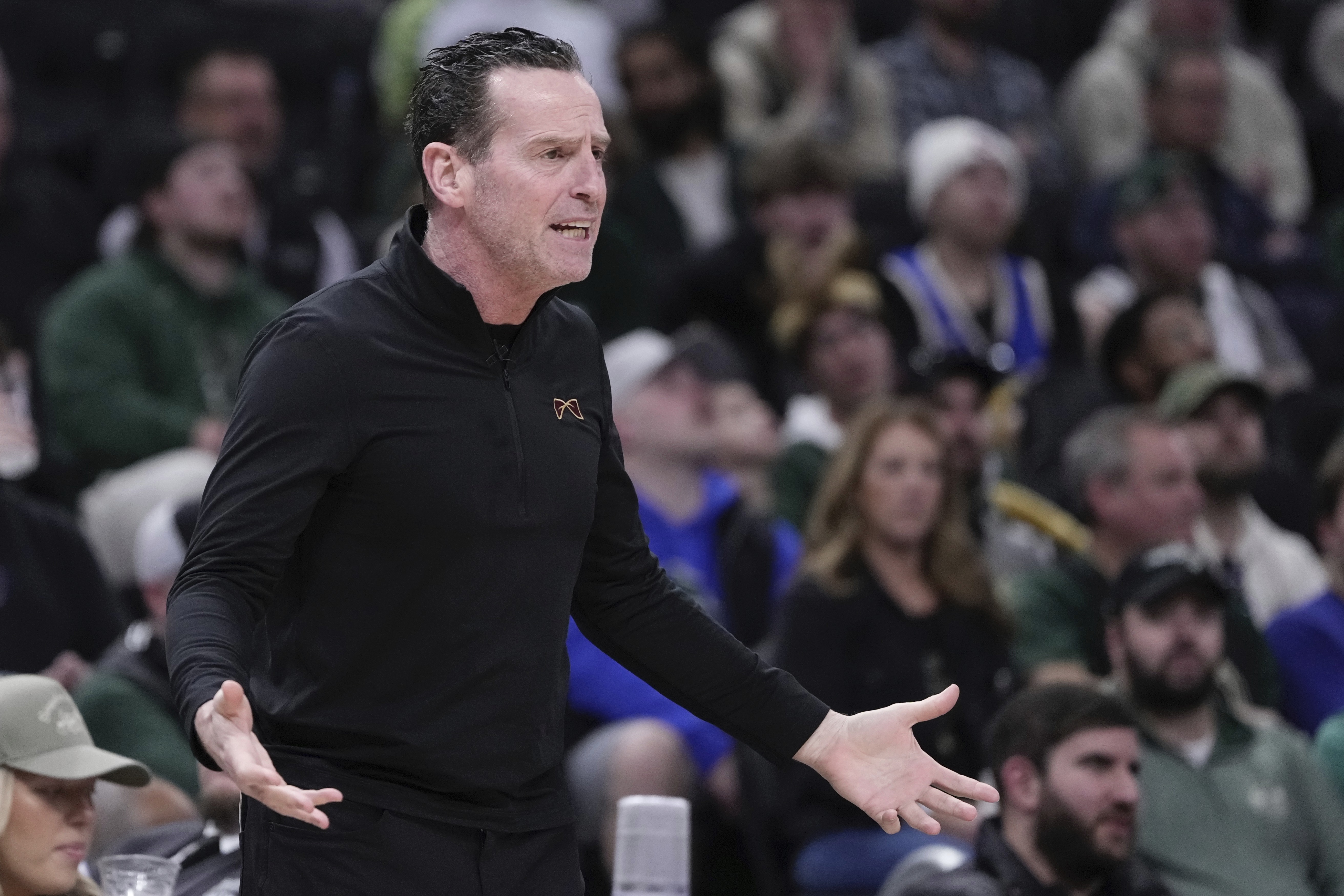 Cleveland Cavaliers head coach Kenny Atkinson reacts during the first half of an NBA basketball game Sunday, Mar. 9, 2025, in Milwaukee. 
