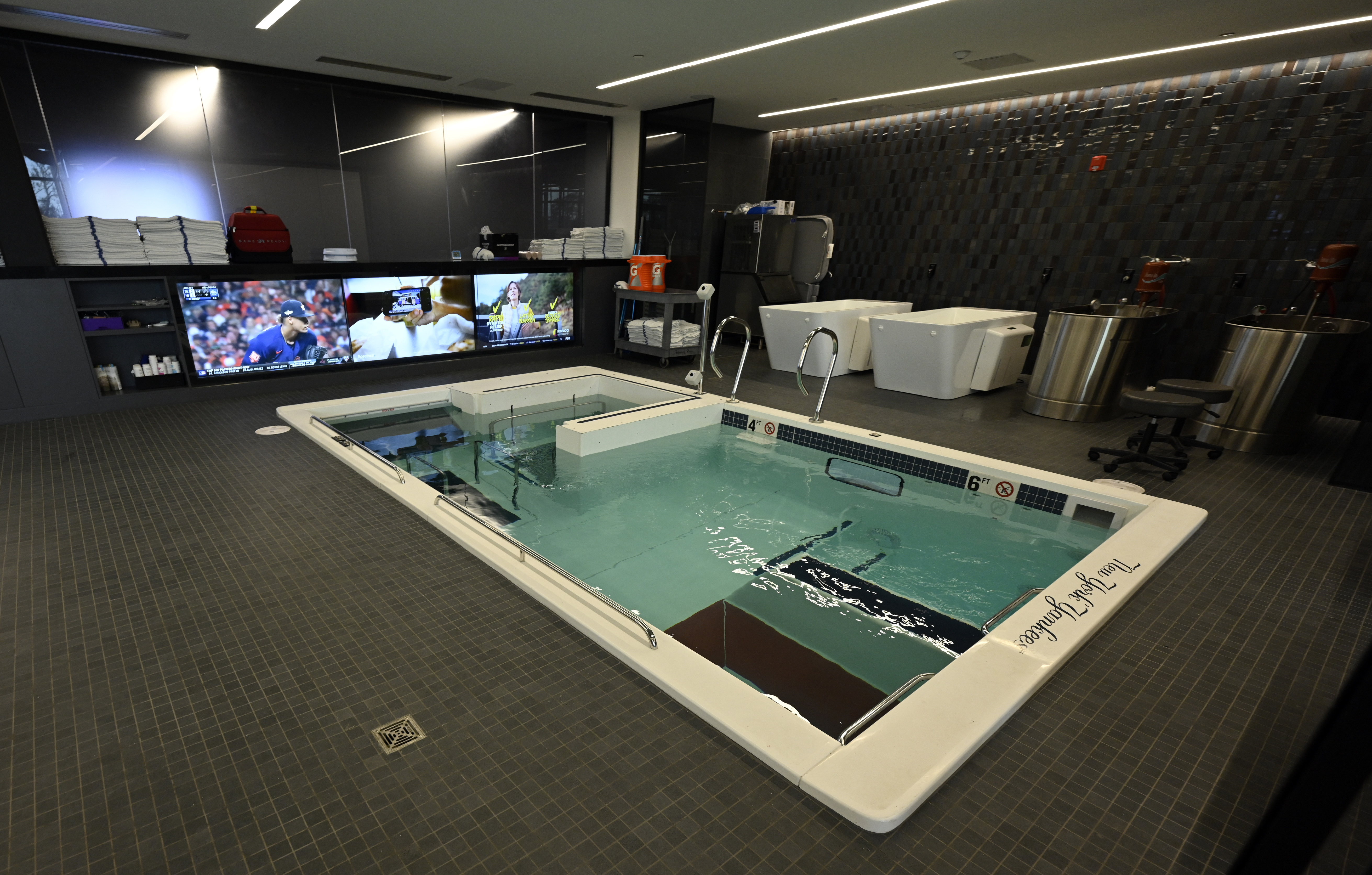 Soaking tubs and a spa pool, part of the New York Yankees medical and training room, are seen during a tour of the upgraded team spring training facilities Thursday, Feb. 13, 2025, at George M. Steinbrenner Field in Tampa, Fla. 