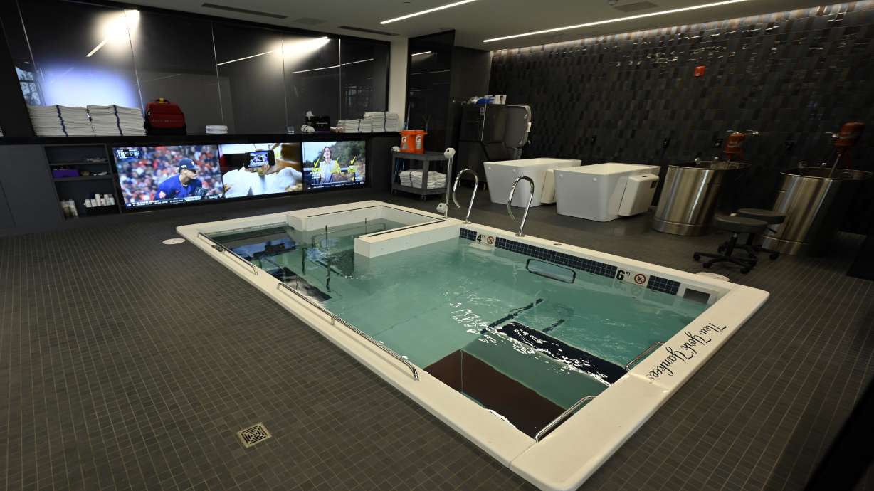 Soaking tubs and a spa pool, part of the New York Yankees medical and training room, are seen during a tour of the upgraded team spring training facilities Thursday, Feb. 13, 2025, at George M. Steinbrenner Field in Tampa, Fla.