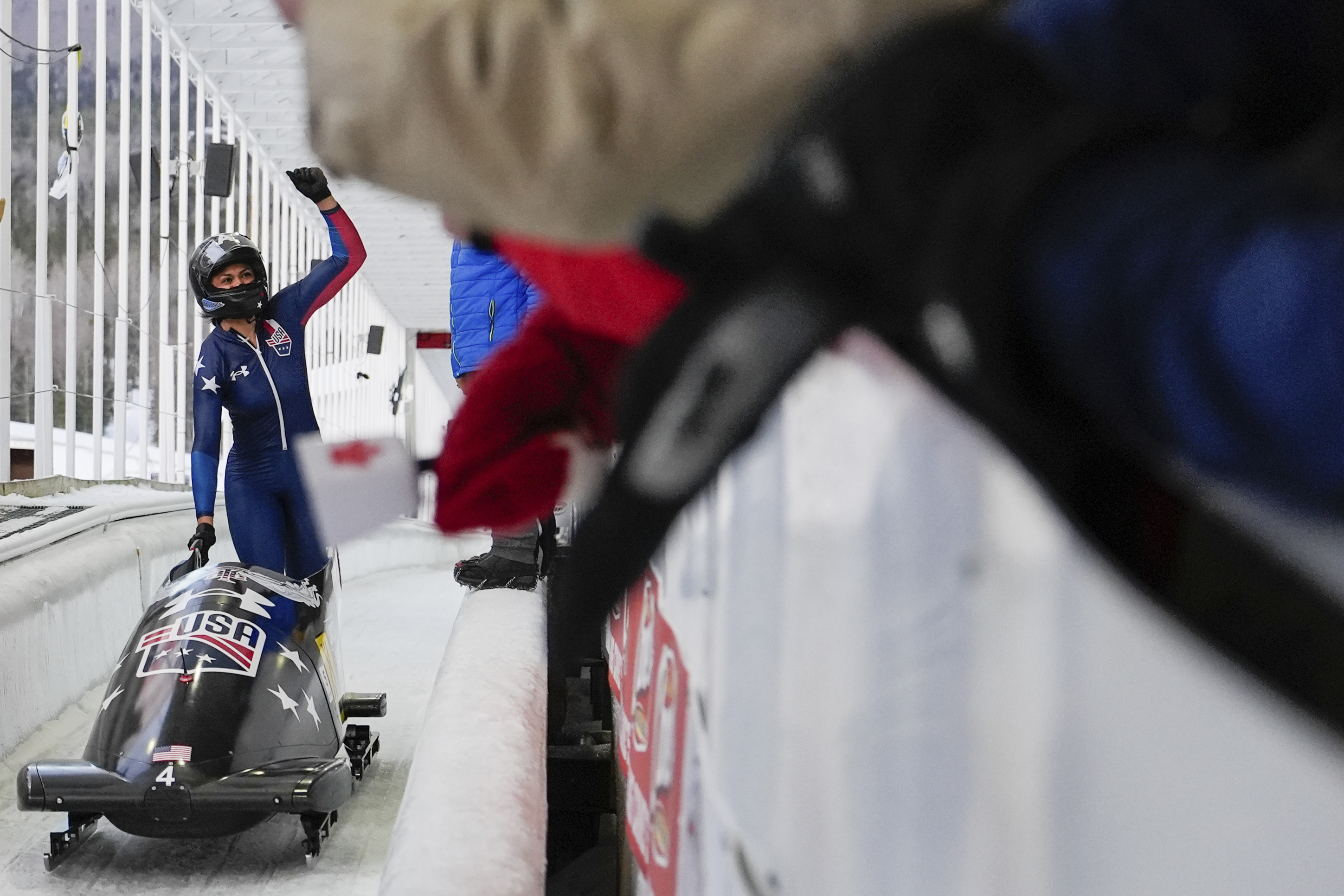 Kaysha Love, of the United States, pumps her fist after winning first place in the women's monobob at the bobsledding world championships, Sunday, March 9, 2025, in Lake Placid, N.Y.