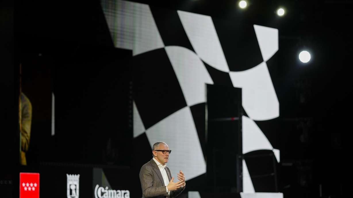 FILE - CEO of Formula One Group Stefano Domenicali speaks during a press conference at the IFEMA congress centre in Madrid, Spain, Jan. 23, 2024.