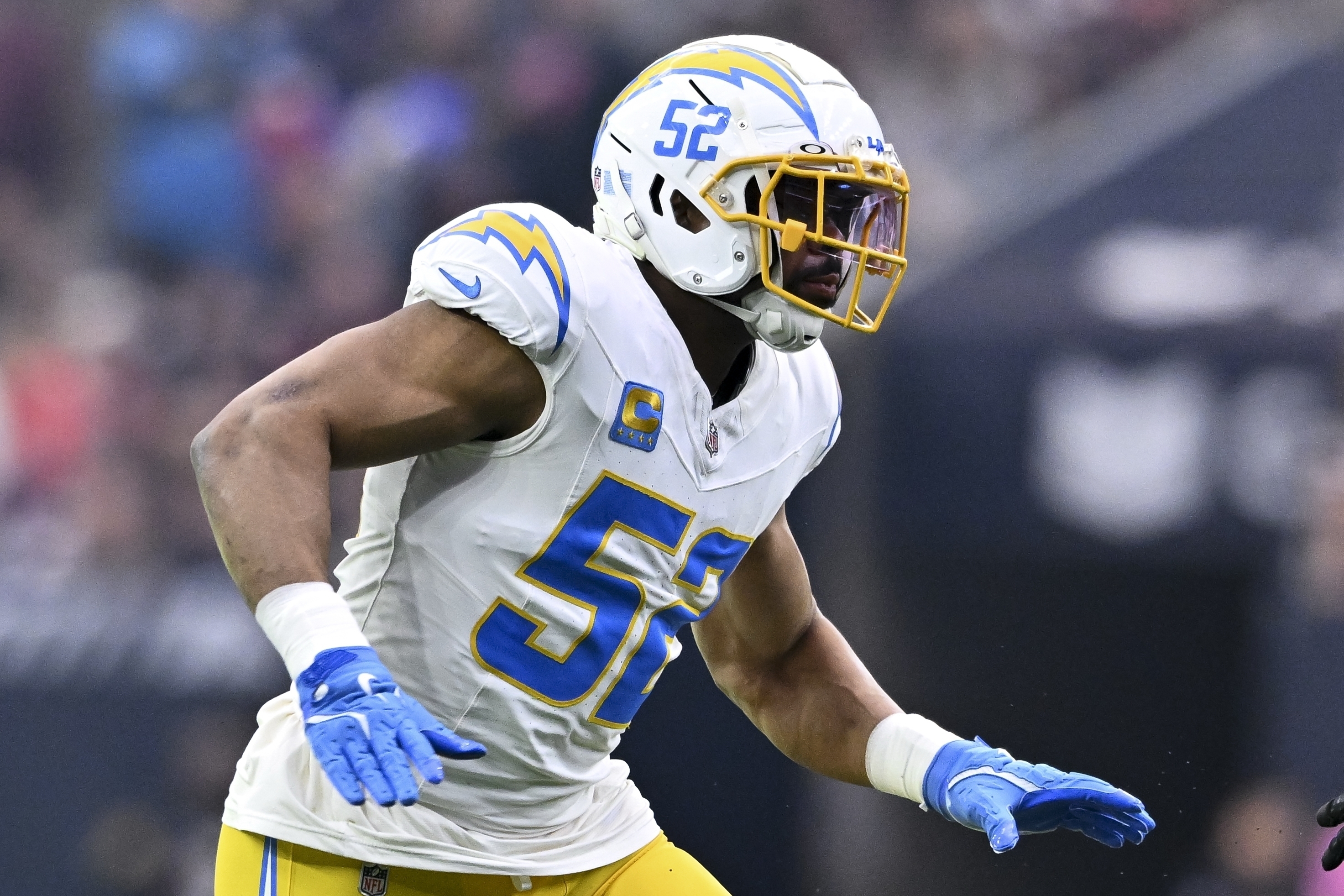 Los Angeles Chargers linebacker Khalil Mack defends in coverage during the first half against the Houston Texans in an NFL wild-card playoff football game, Jan. 11, 2025, in Houston.