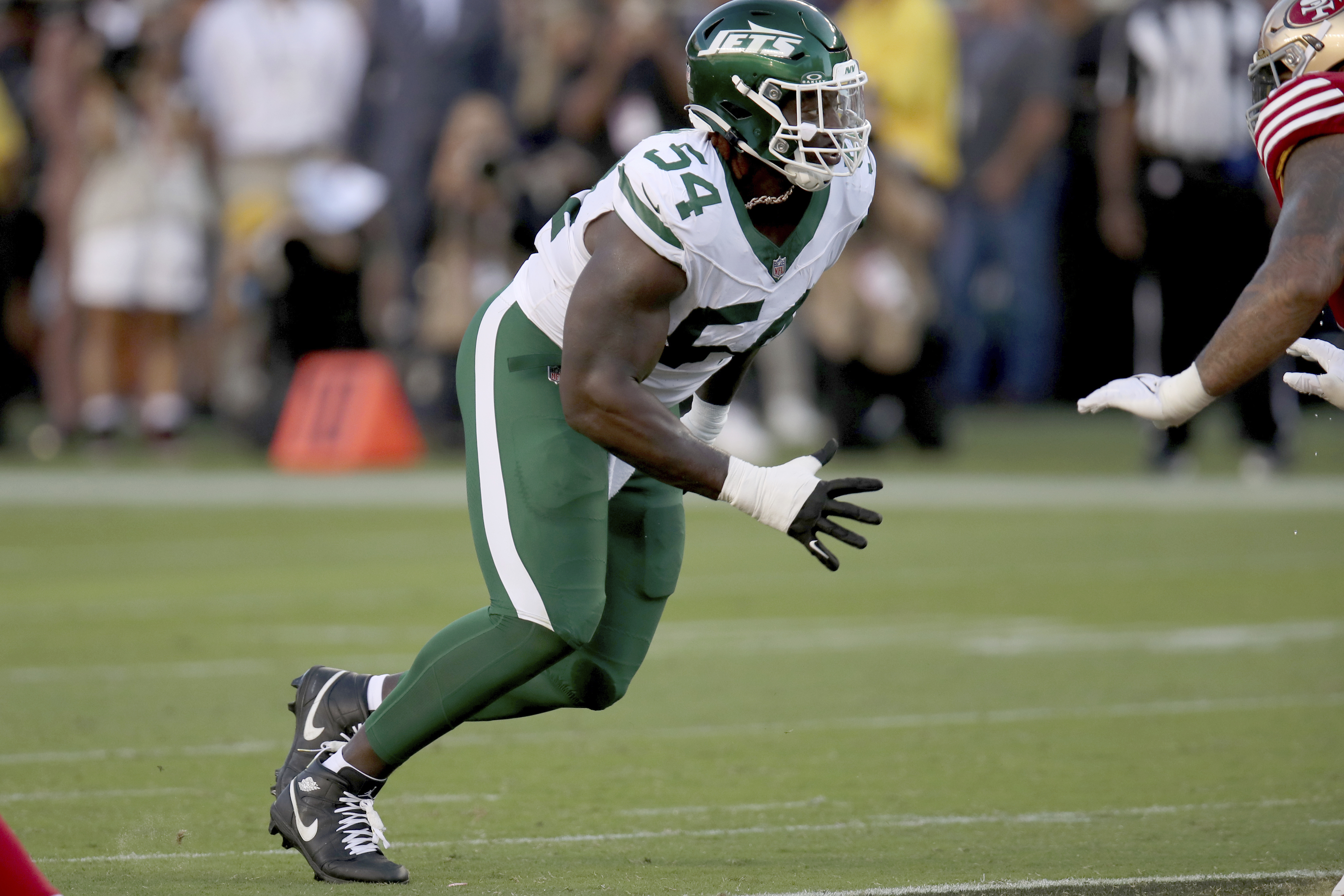FILE - New York Jets defensive tackle Javon Kinlaw (54) rushes during an NFL football game against the San Francisco 49ers, Sept. 9, 2024, in Santa Clara, Calif. 