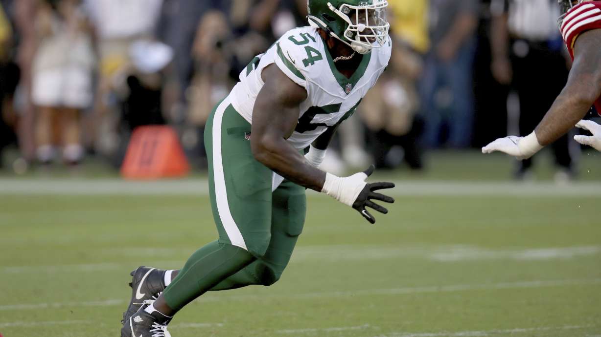 FILE - New York Jets defensive tackle Javon Kinlaw (54) rushes during an NFL football game against the San Francisco 49ers, Sept. 9, 2024, in Santa Clara, Calif.