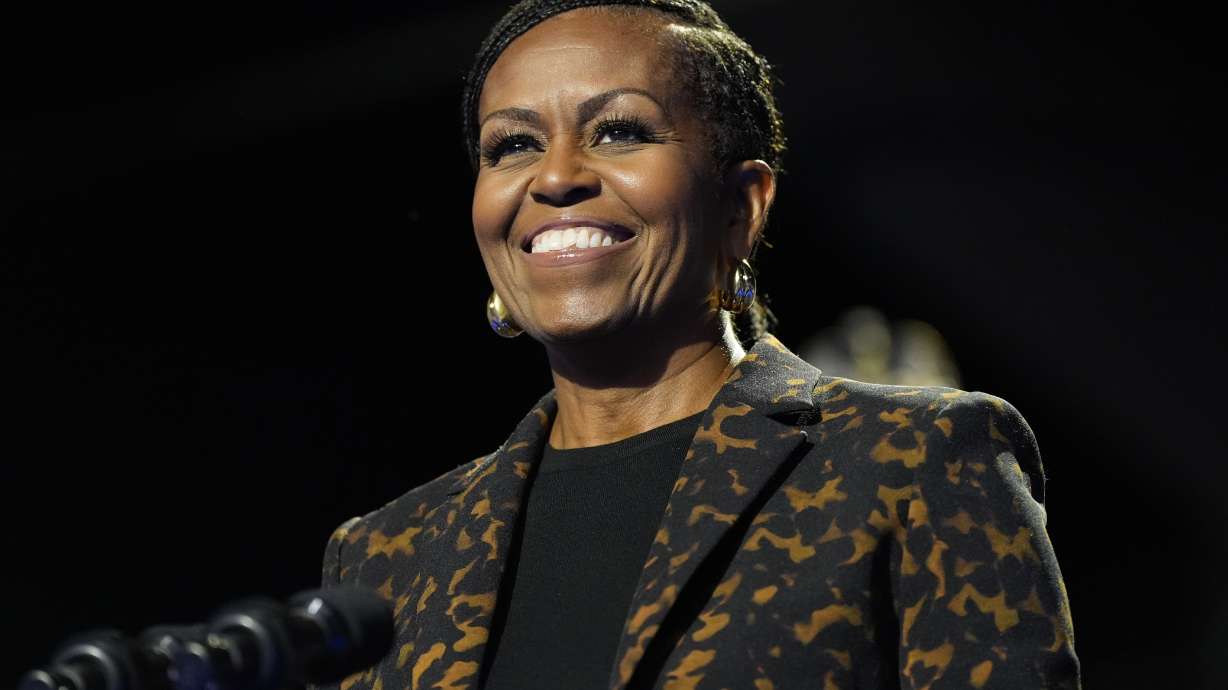 FILE - Former first lady Michelle Obama speaks at a campaign rally for democratic presidential nominee Vice President Kamala Harris in Kalamazoo, Mich., on Oct. 26, 2024.