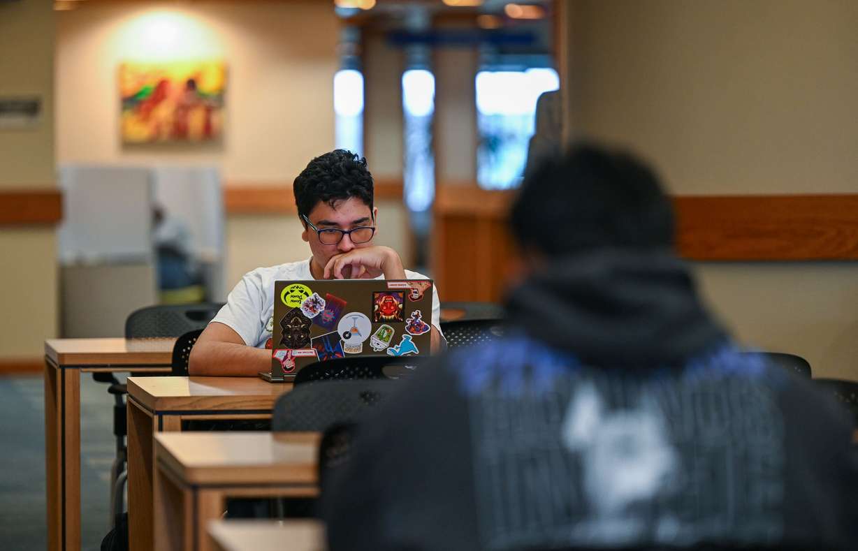 Student Eli Perez works inside the Student Center at Salt Lake Community College in Taylorsville on Nov. 12, 2024.