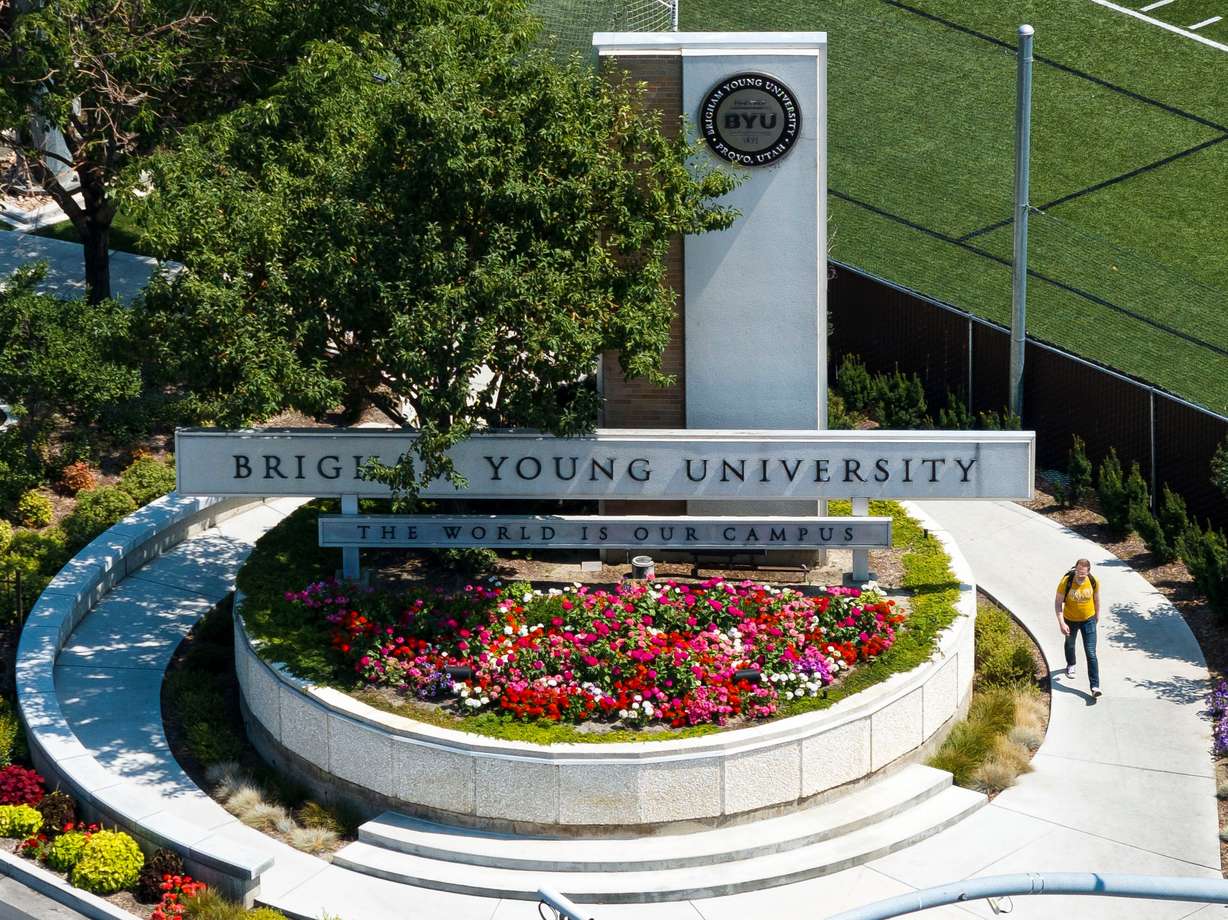 The western entrance to the campus of Brigham Young University is pictured along Cougar Boulevard in Provo on July 31, 2024.