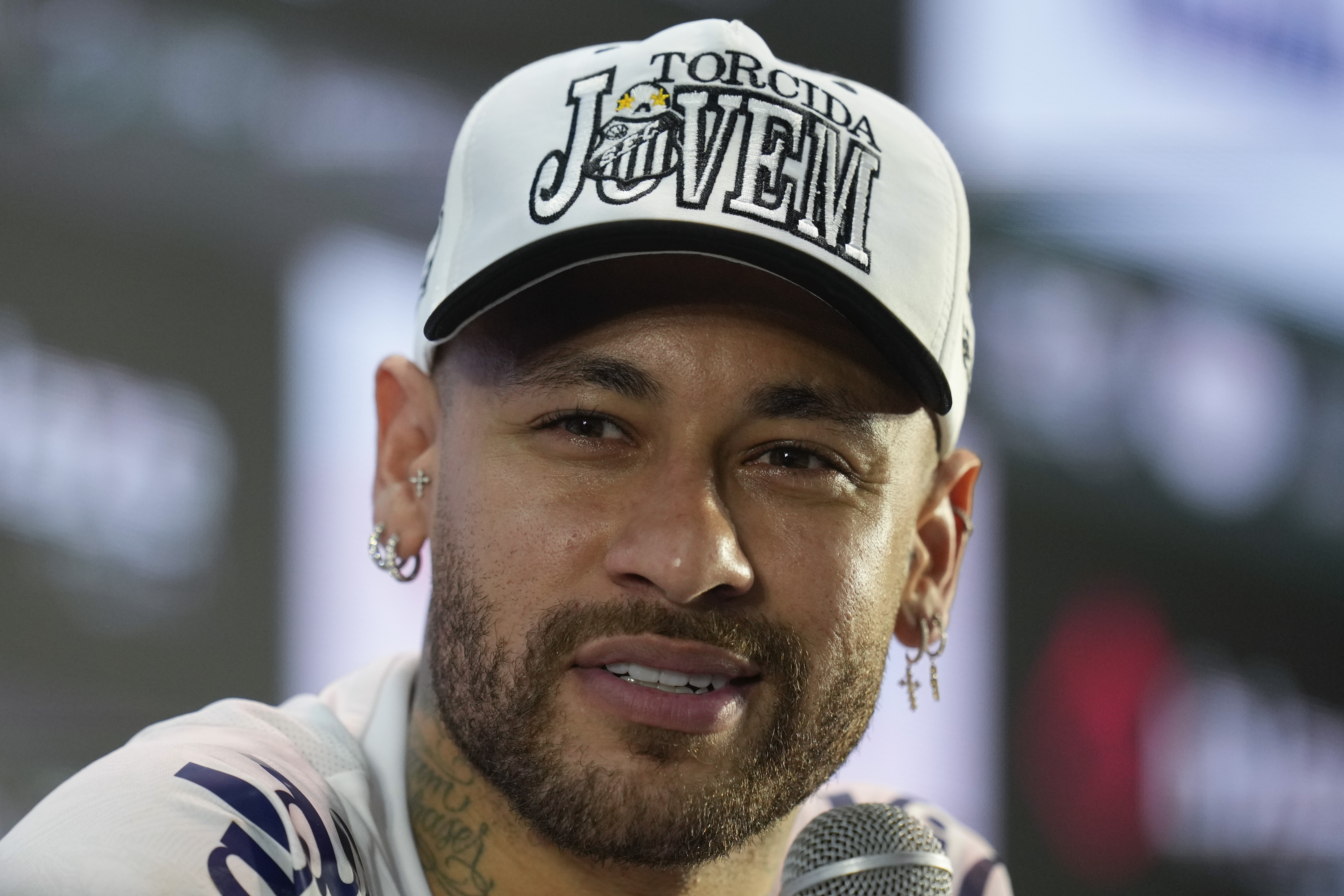 FILE - Brazilian soccer player Neymar gives a news conference in Santos, Brazil, Jan. 31, 2025.