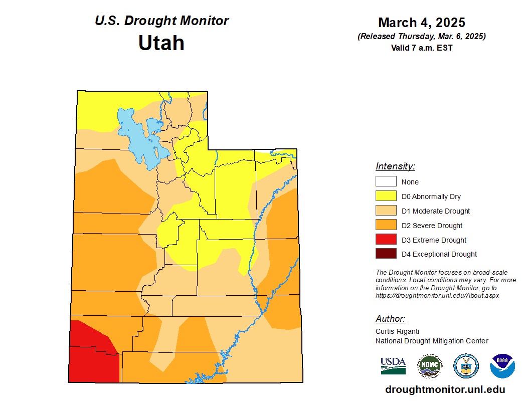 This map shows drought conditions in Utah at the beginning of meteorological spring. Much like the state, three-fourths of Salt Lake County is listed as having at least moderate drought.