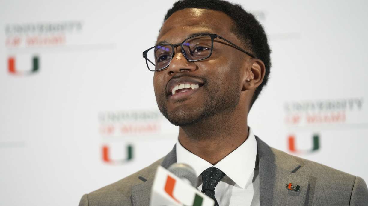Jai Lucas speaks after being introduced as the new head coach for Miami's NCAA college basketball team, Monday, March 10, 2025, in Coral Gables, Fla.